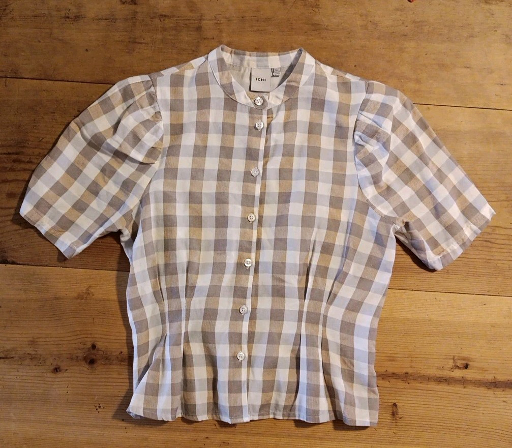 ICHI Blouse Women 34 XS Check Linen Blend Button Front Light Academia Spring