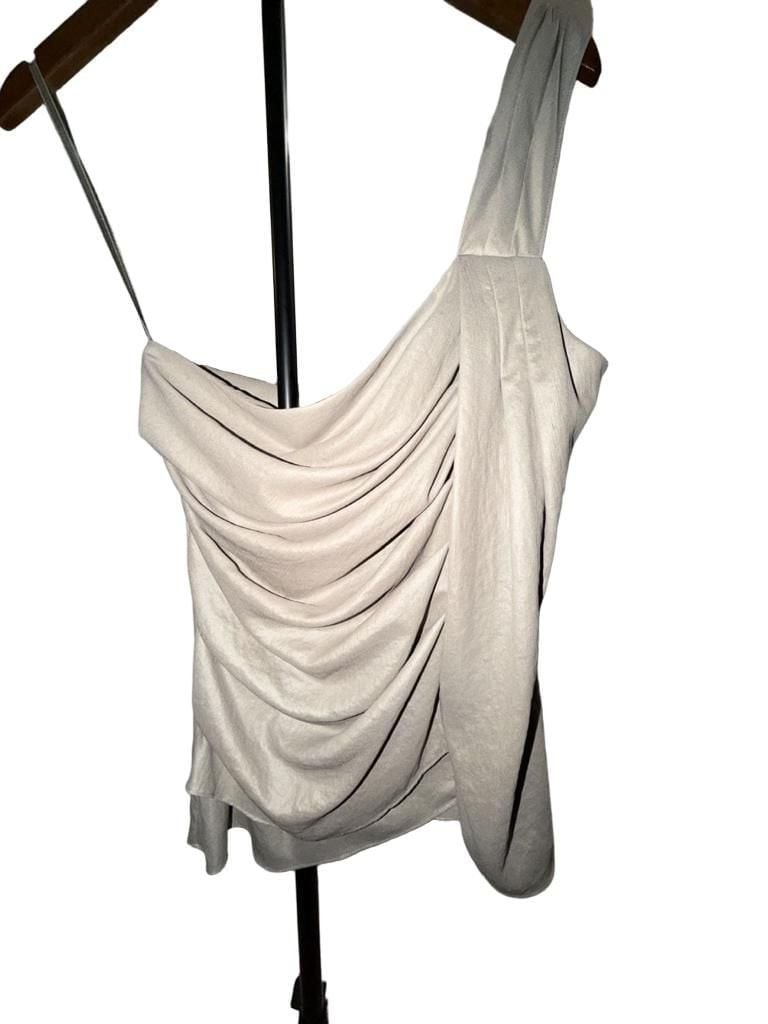 BCBGMAXAZRIA Silver Asymmetric One-Shoulder Ruched Draped Top – Sz 4