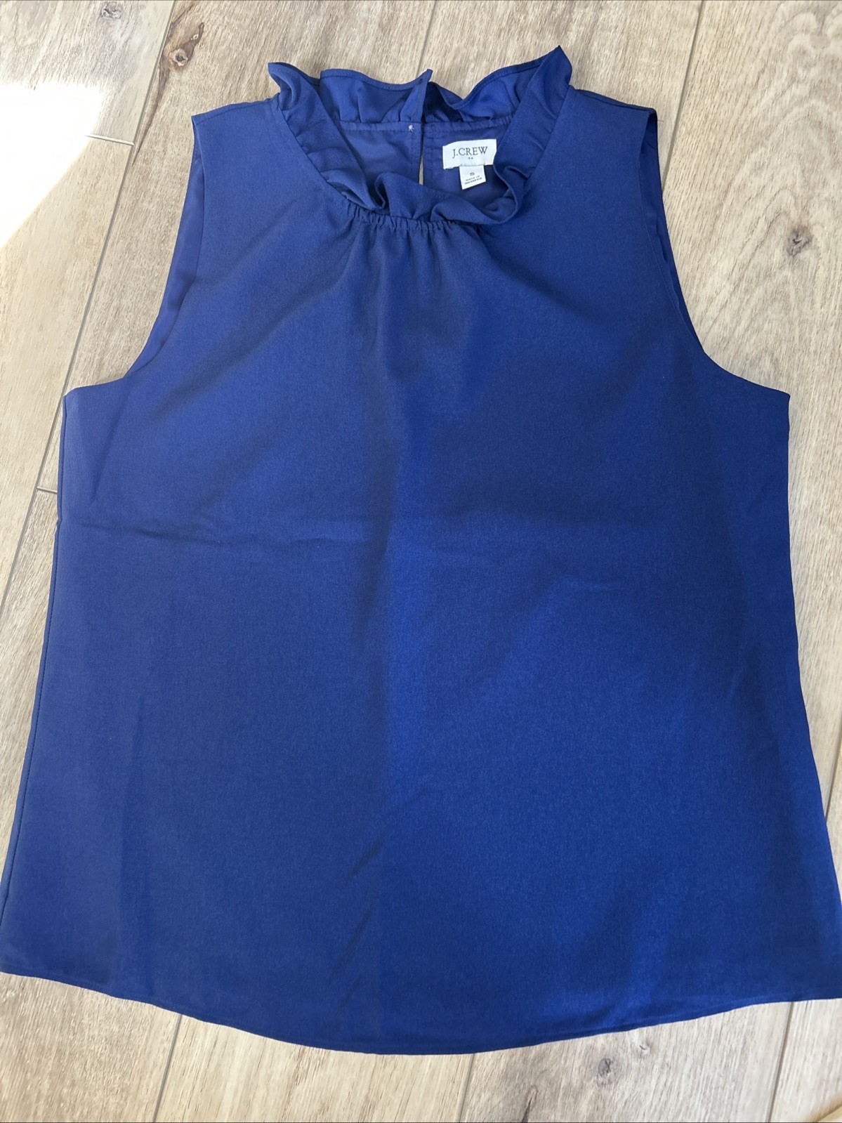 J Crew Lined Ruffle Neck Sleeveless Blouse Navy Keyhole Career Casual Women’s S