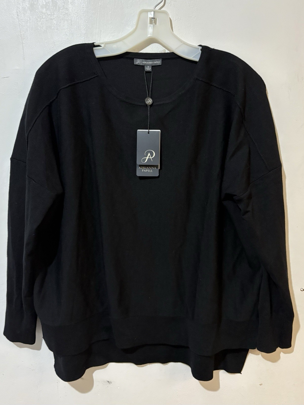 Adrianna Papell Top Women Top Black Rib Knit Oversized Boxy Long Sleeve NEW