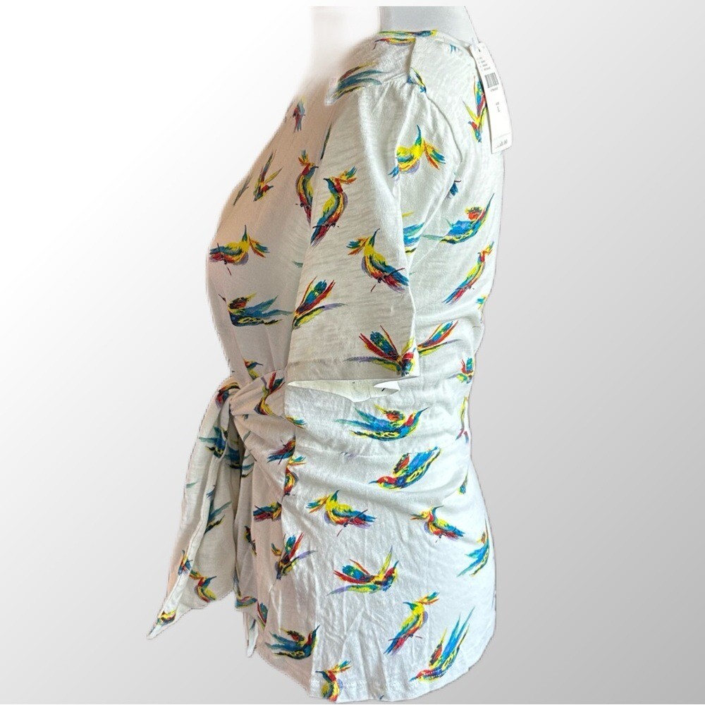 Meadow Rue Anthropologie NWT Hummingbird Tie Front Top Women Large White Multi