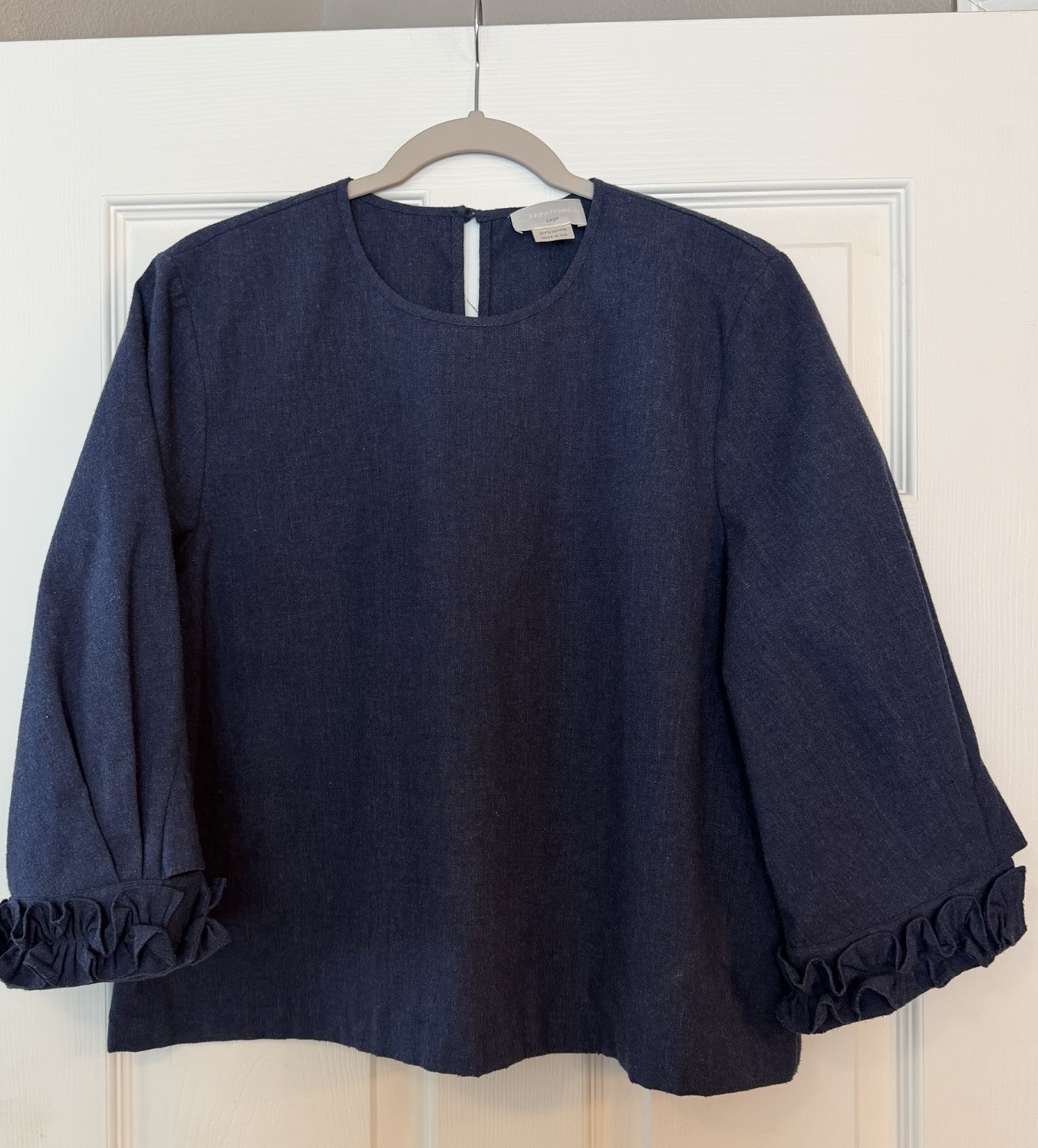 M. Patmos Denim Cotton Top Blue Ruffle Cuff Keyhole Boxy Lagenlook Minimalist L
