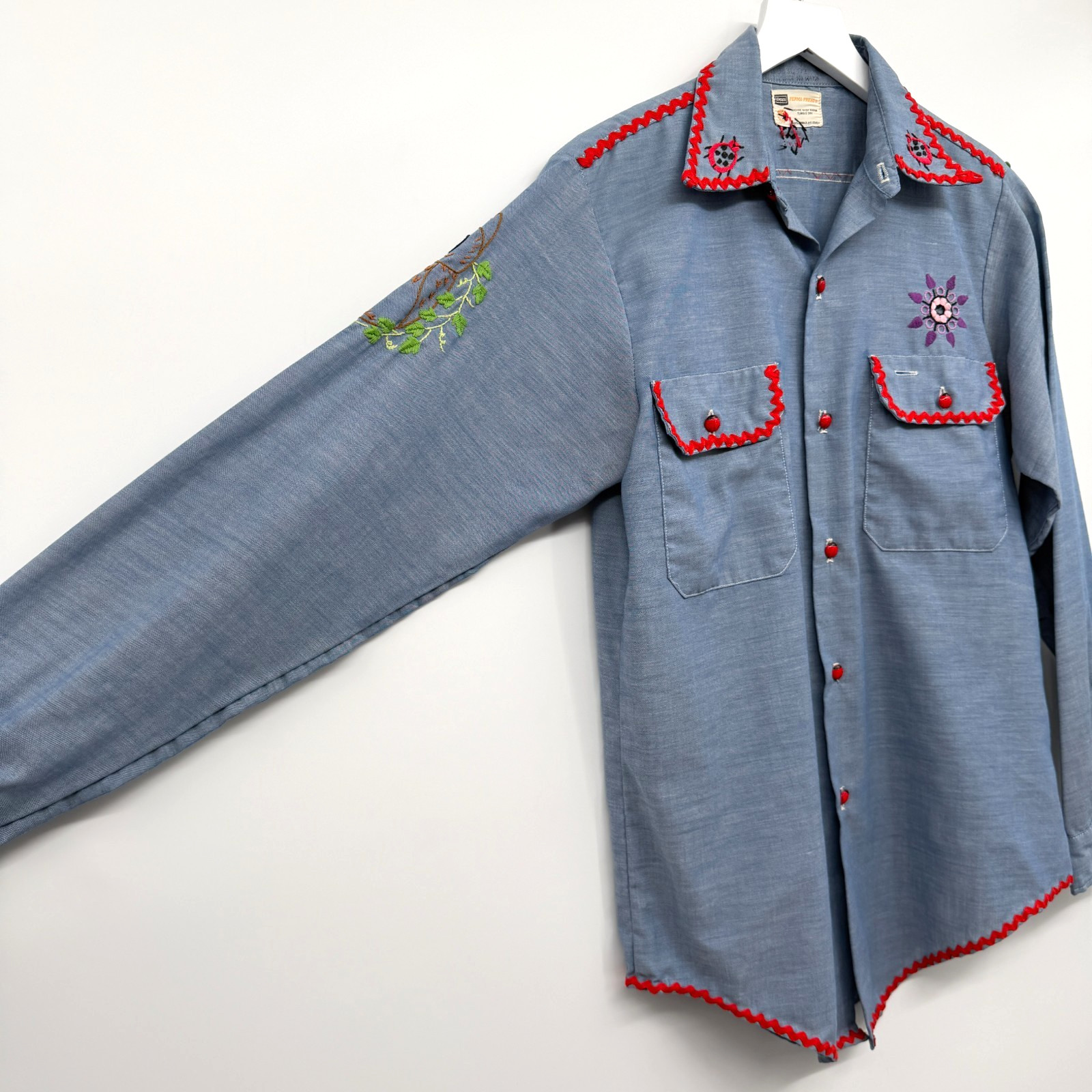 Vintage 70s Hand Embroidered Top Shirt S M Chambray Lady Bug Owl Floral USA