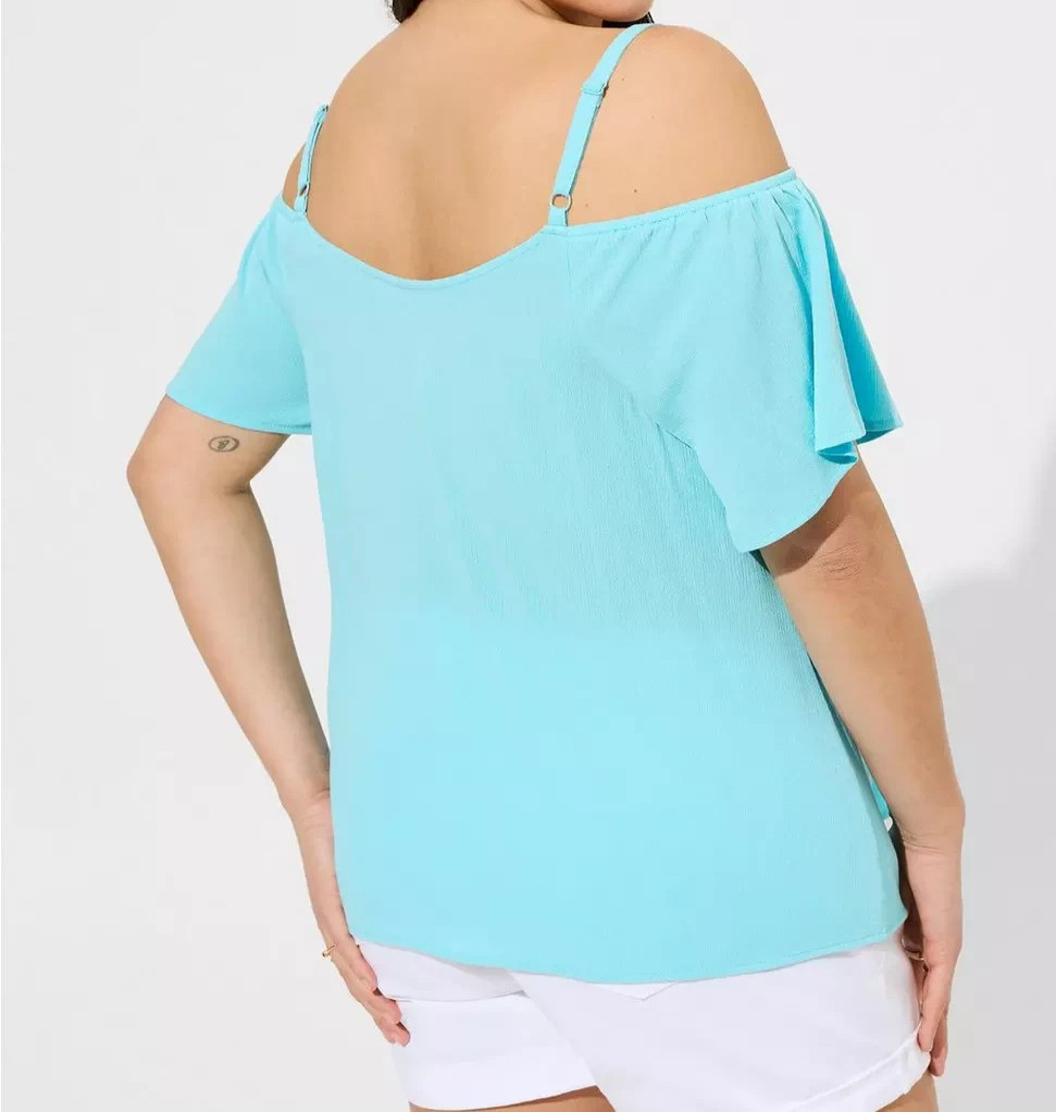Torrid Washable Crinkle Gauze Cold Shoulder Top Blue Topaz 4 4X 26 #E91071