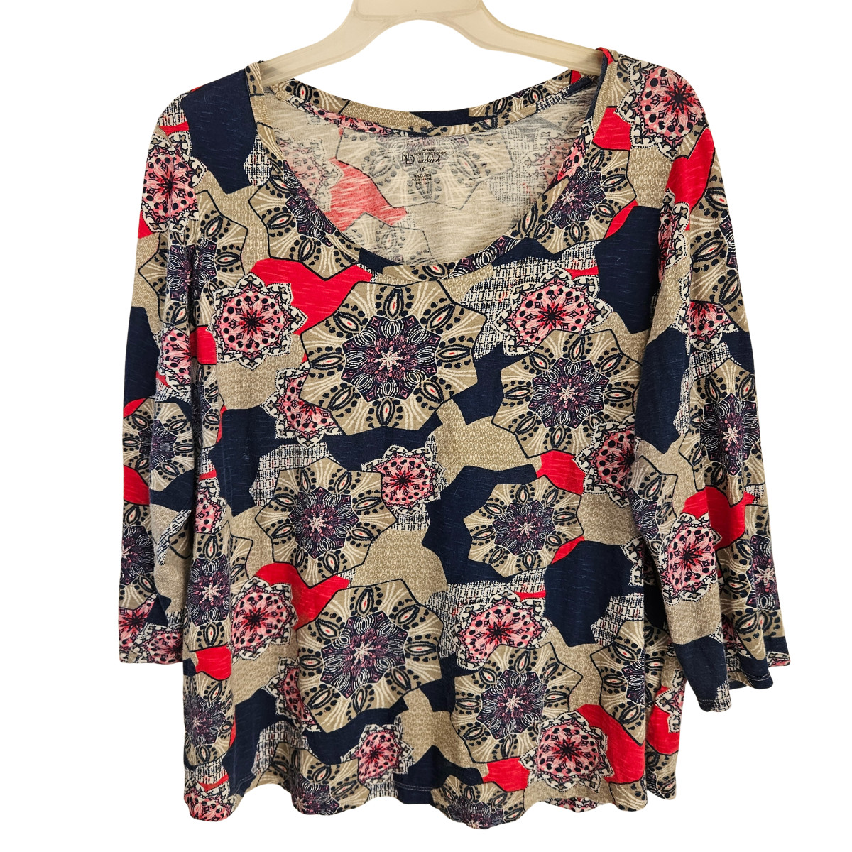 New Directions Weekend Top Womens 1X Navy Tan Red Print 3/4 Sleeve Pullover