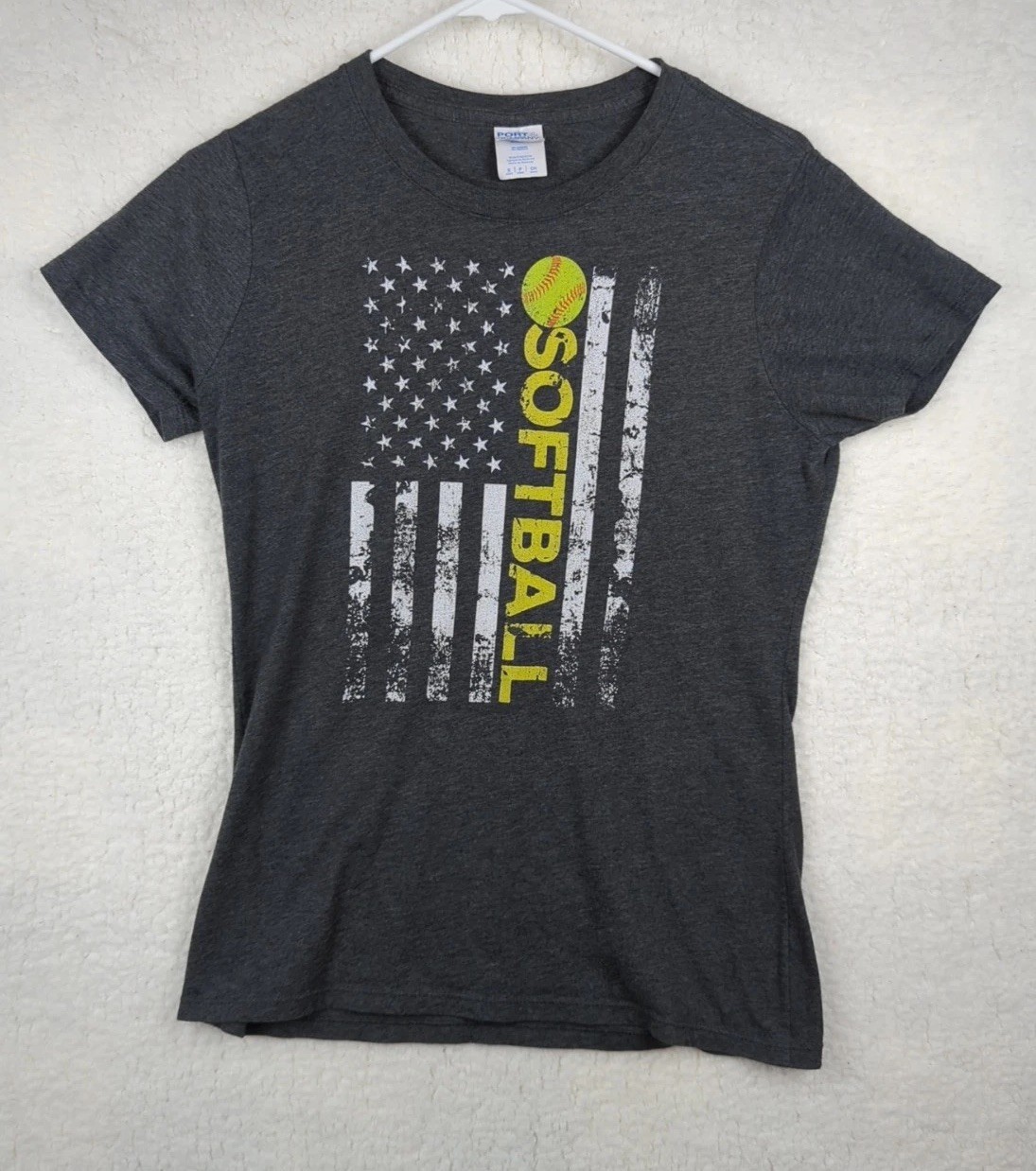 Softball T-Shirt Womens Small Gray Flag Graphic Tee USA Sports Athletic Top S