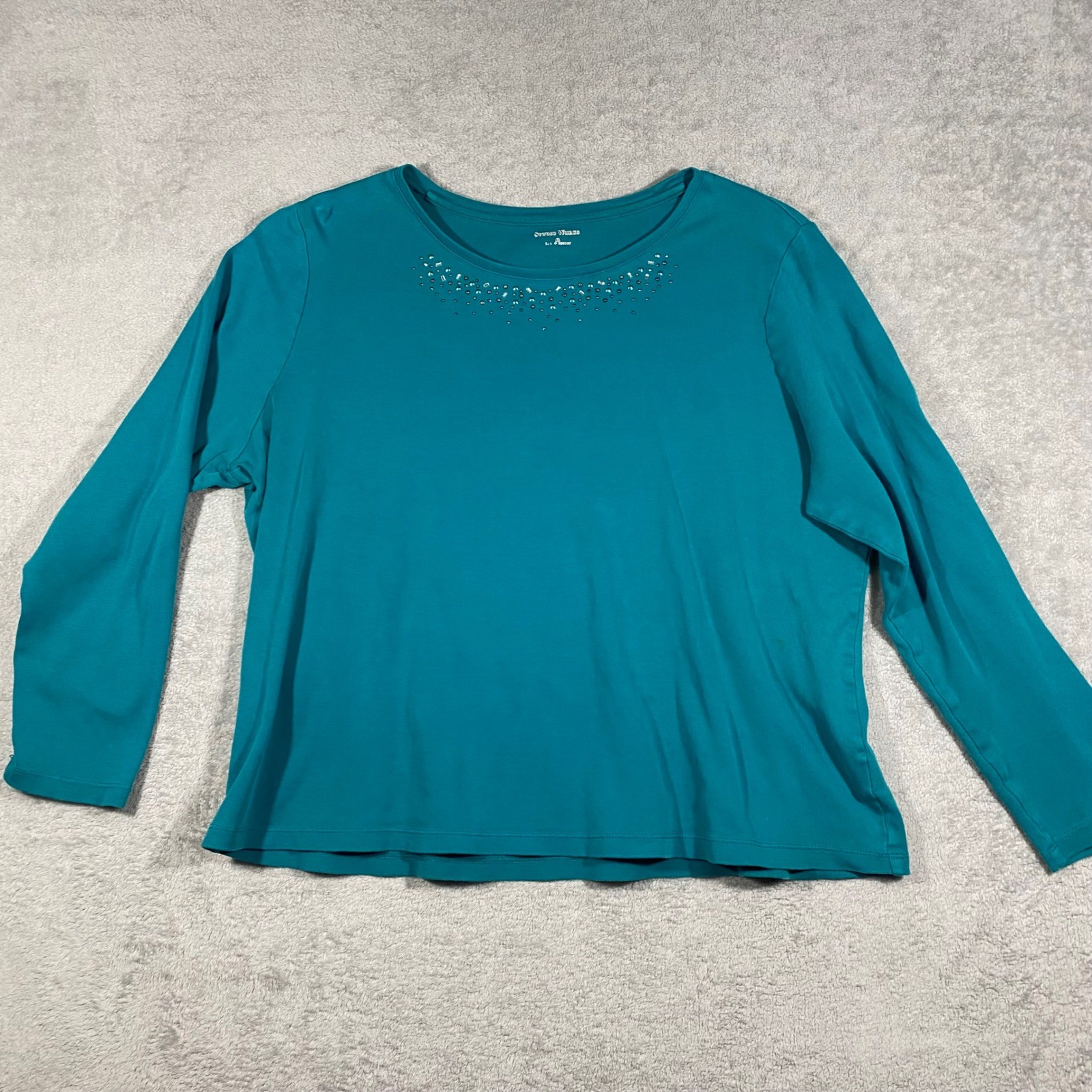 Studio Works Embellished Top Women XL Teal Blue Long Sleeve Rhinestone Cotton