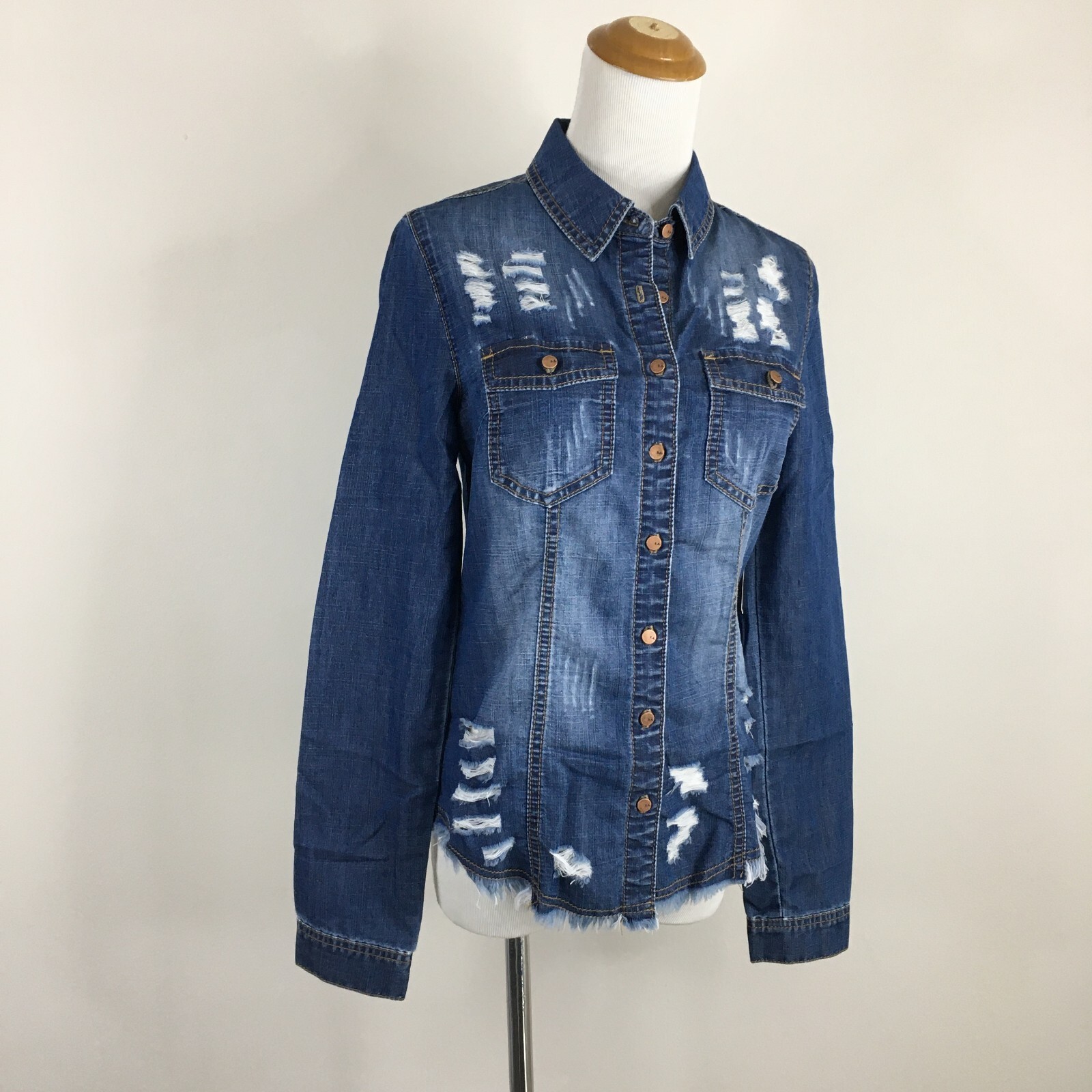 NWT SPECIAL A Dark Wash Distressed Fray Hem Chambray Shirt Womens sz Small/XS