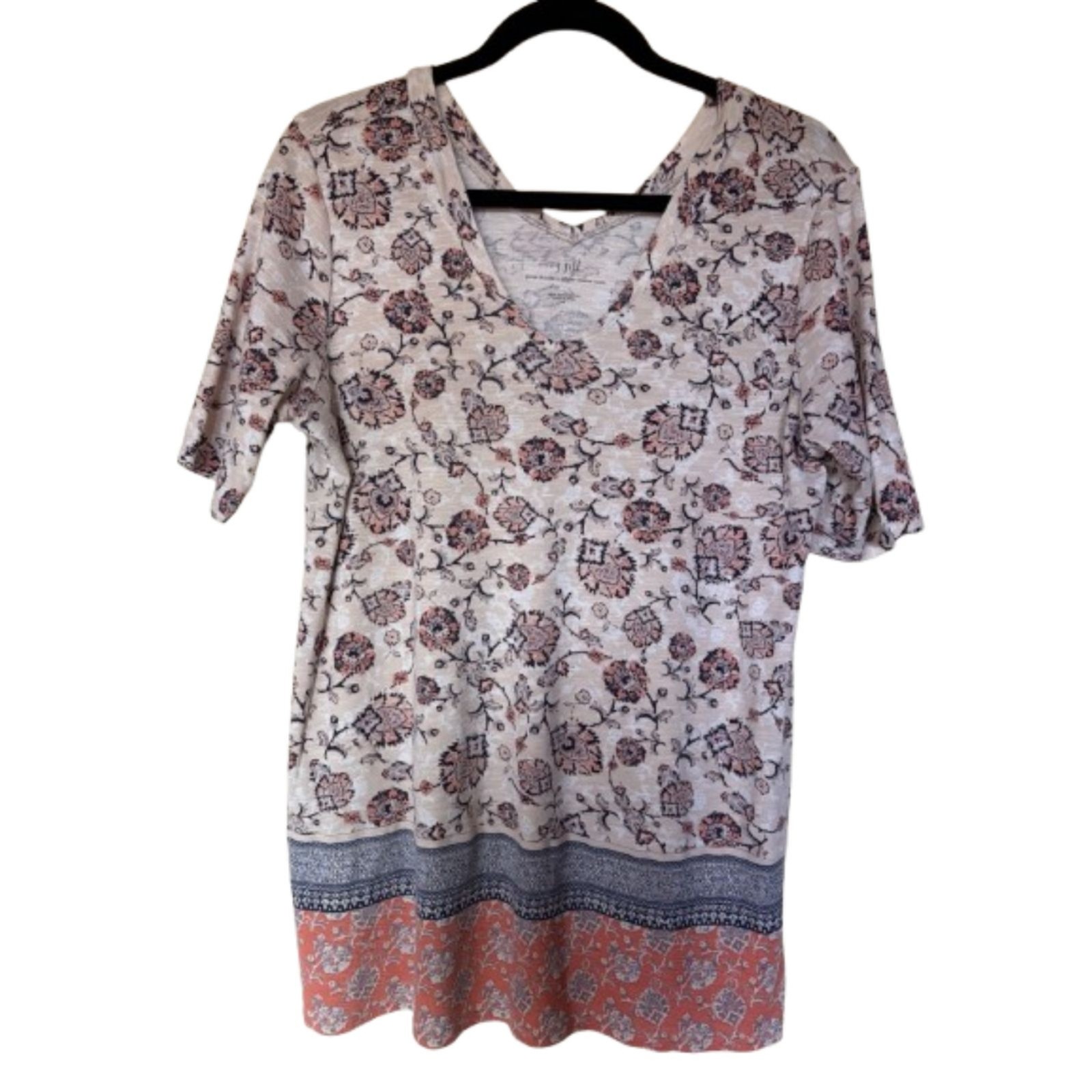 J. Jill Pima Cotton Double V Floral Border Tunic Top Size Medium Cream Peach