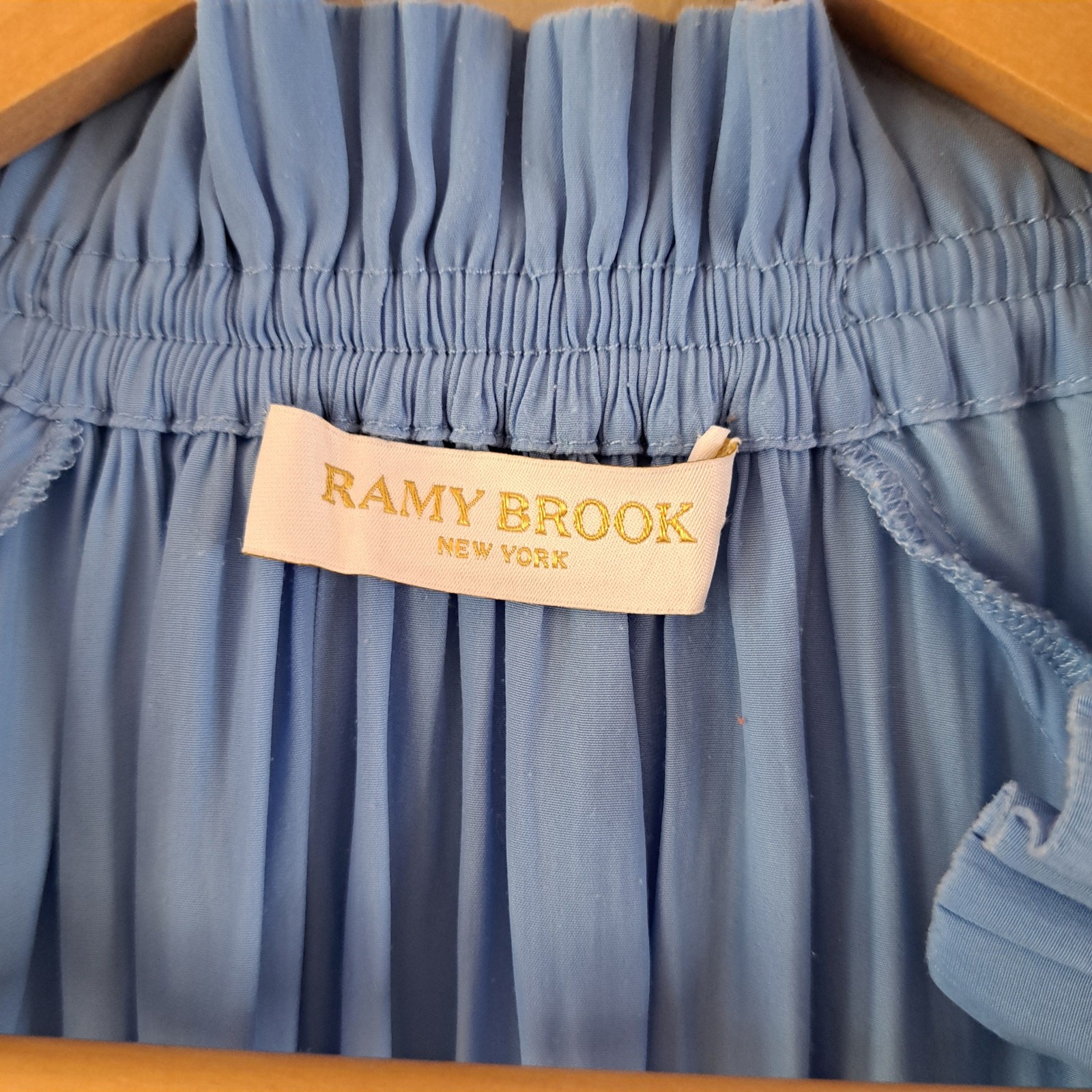 RAMY BROOK Bethany Crossover Blouse Light Blue Smocked Collar Elastic Waist Top