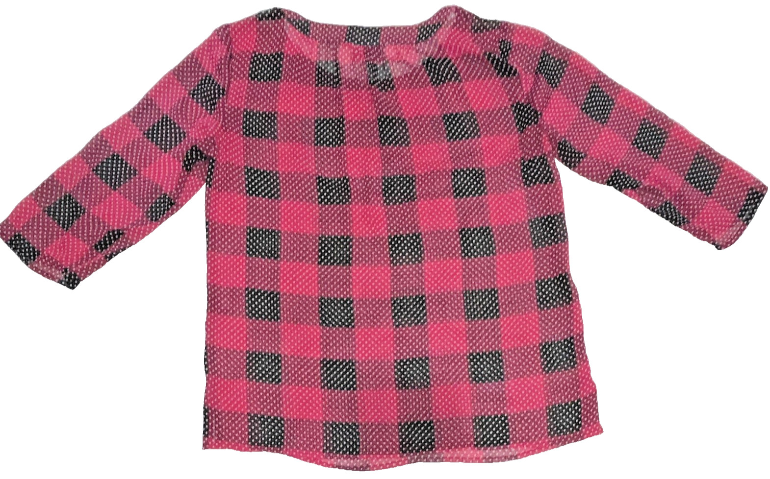 Chico’s Additions Black Fuchsia Plaid Polka Dot Sheer Tunic Top ¾ Sleeve 0