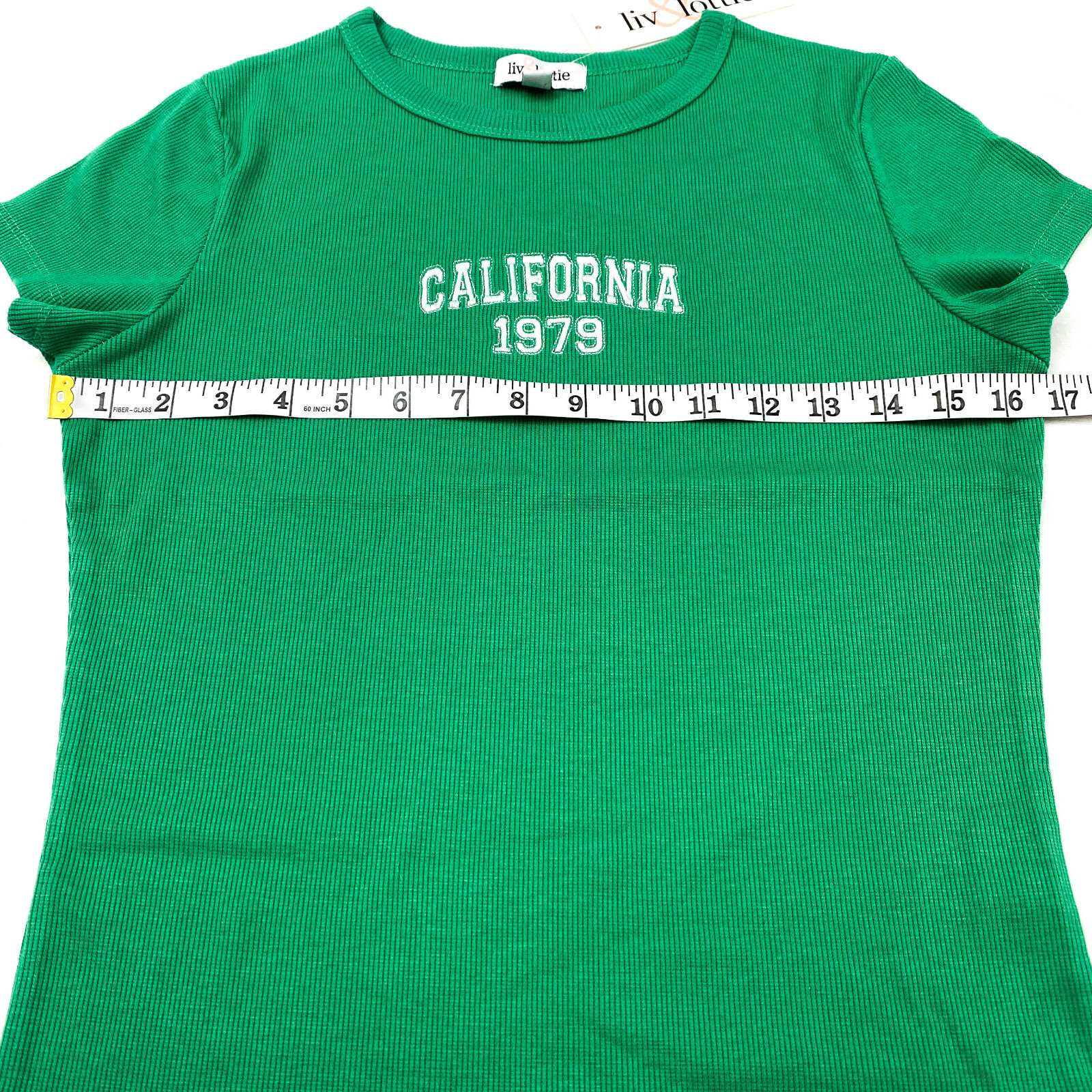 Liv & Lottie Womens Juniors Size L Rib Tee ‘California 1979’ Green