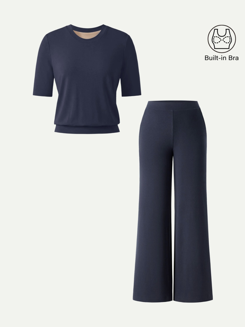 OGL Womens Lyocell Wool 2pc Petite Pant Bra Top Navy Ships From USA
