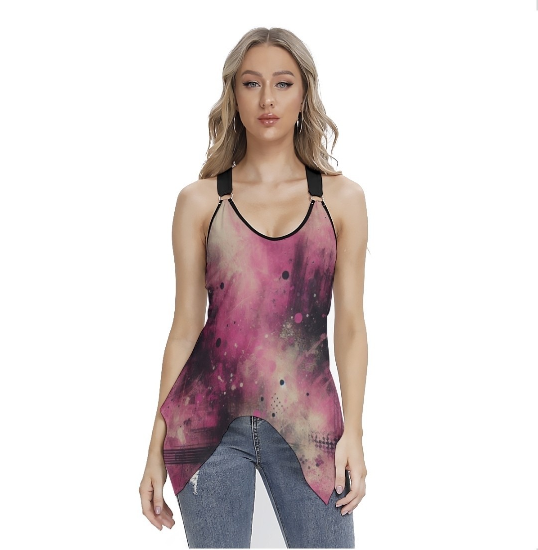 Women’s Pink and Black Grunge Unique Cut Stylish Tank Top Shirt Large