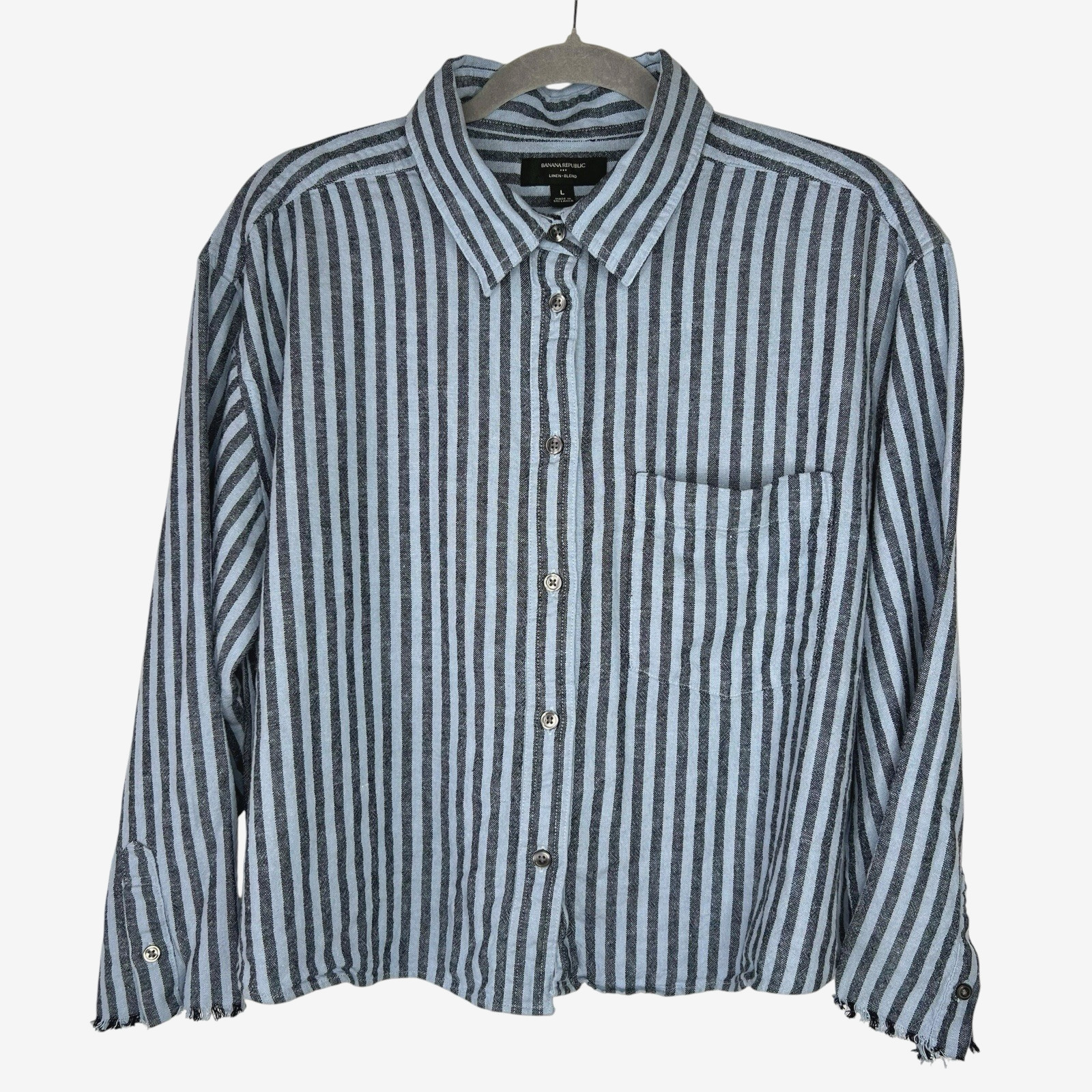Banana Republic Cropped Shirt Womens Linen Rayon Button Raw Sleeve Stripe Large