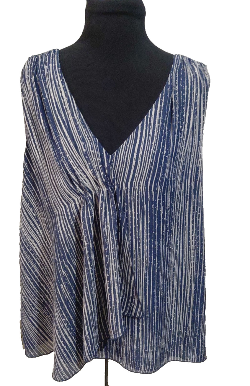 Coldwater Creek Sleeveless Top Navy White Cascade Print Ruched Front V Neck XL