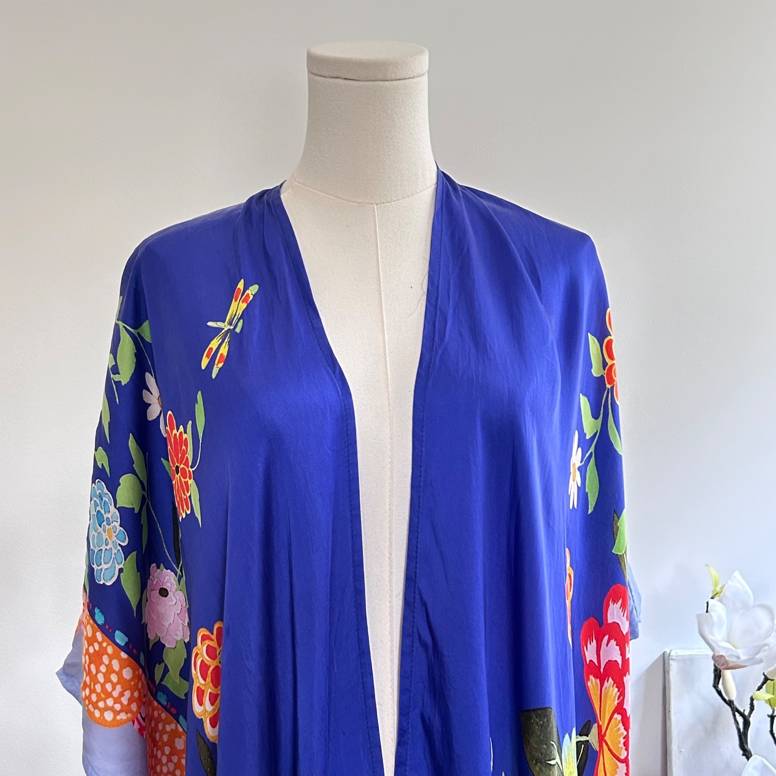 Margot Elena Peacock Floral Kimono Duster Robe OS Bemberg Silky Open Vibrant