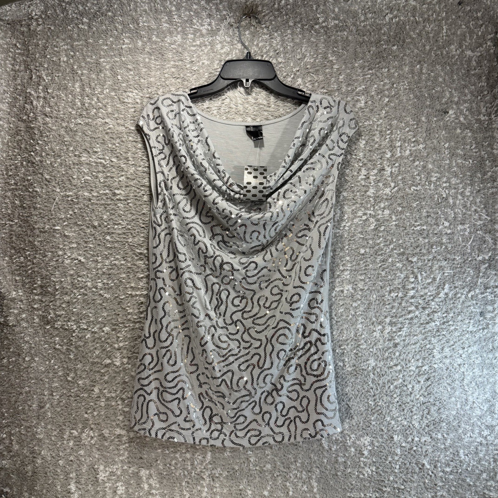NUE OPTIONS Sequin Cowl Neck Sleeveless Blouse Top Gray Preppy Boho M NWT