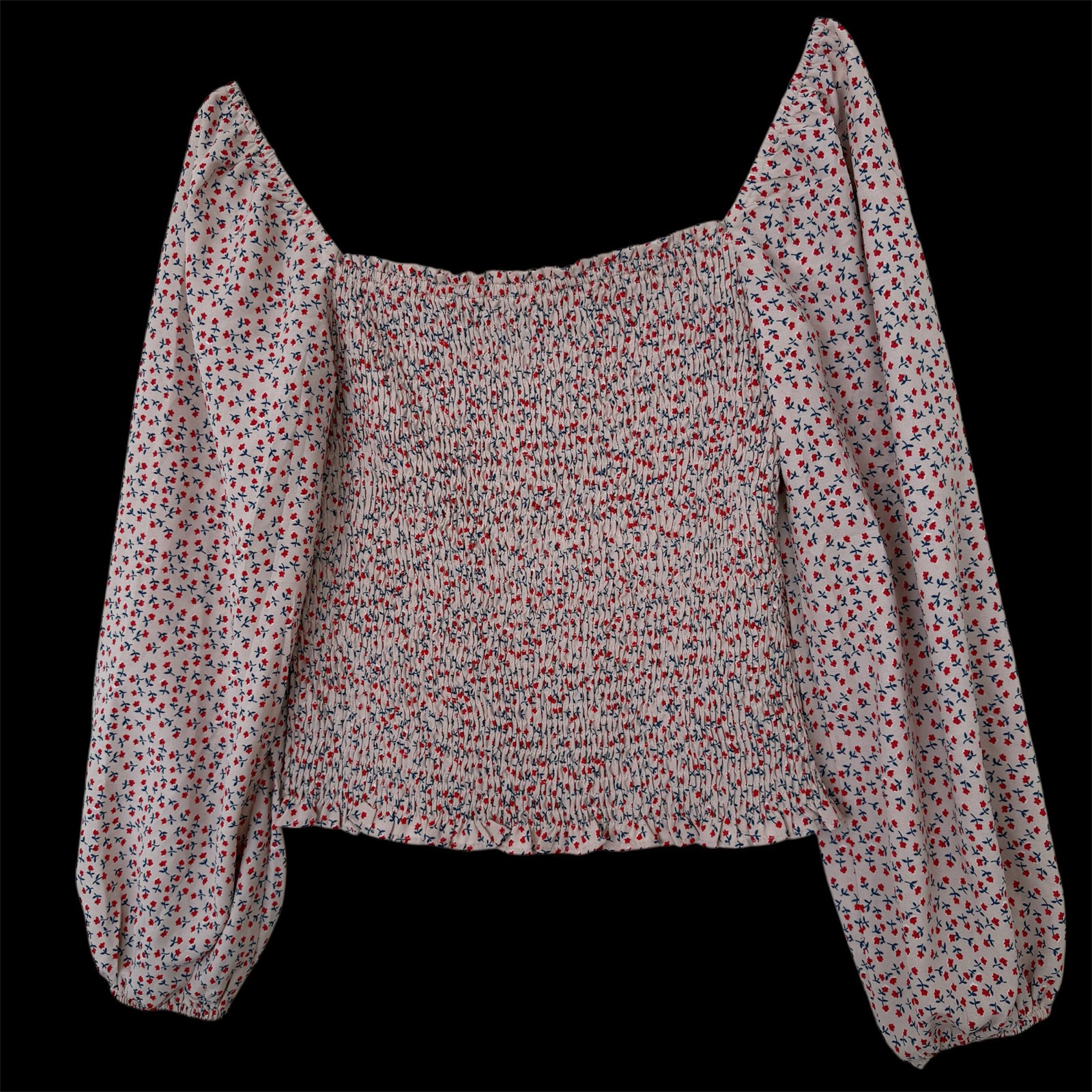 Ditsy Floral Smocked Blouse Medium Square Neck Puff Sleeve Top Cottagecore Boho