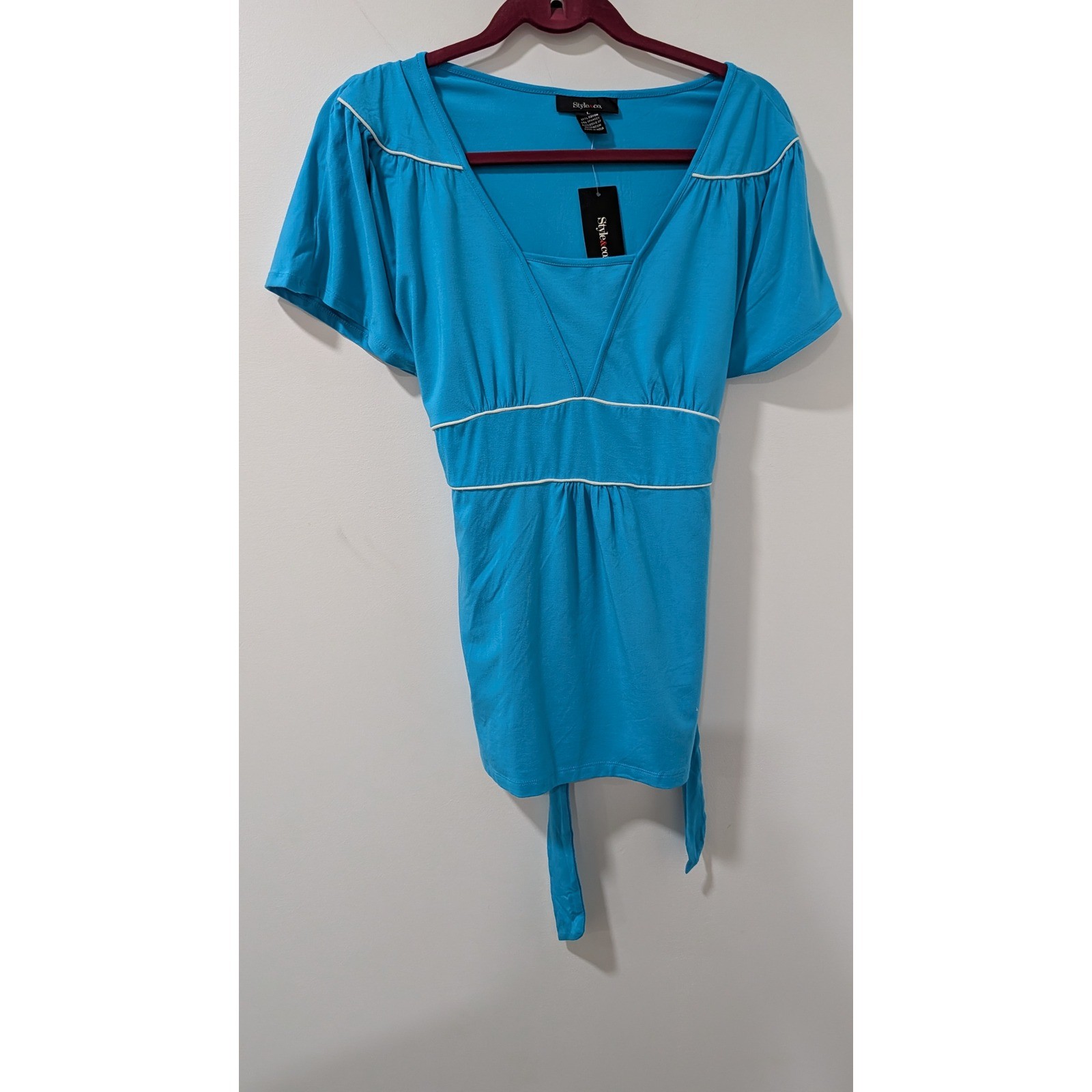 Style & Co Women Turquoise White Empire Waist Tie Back Tunic Top Large vintage