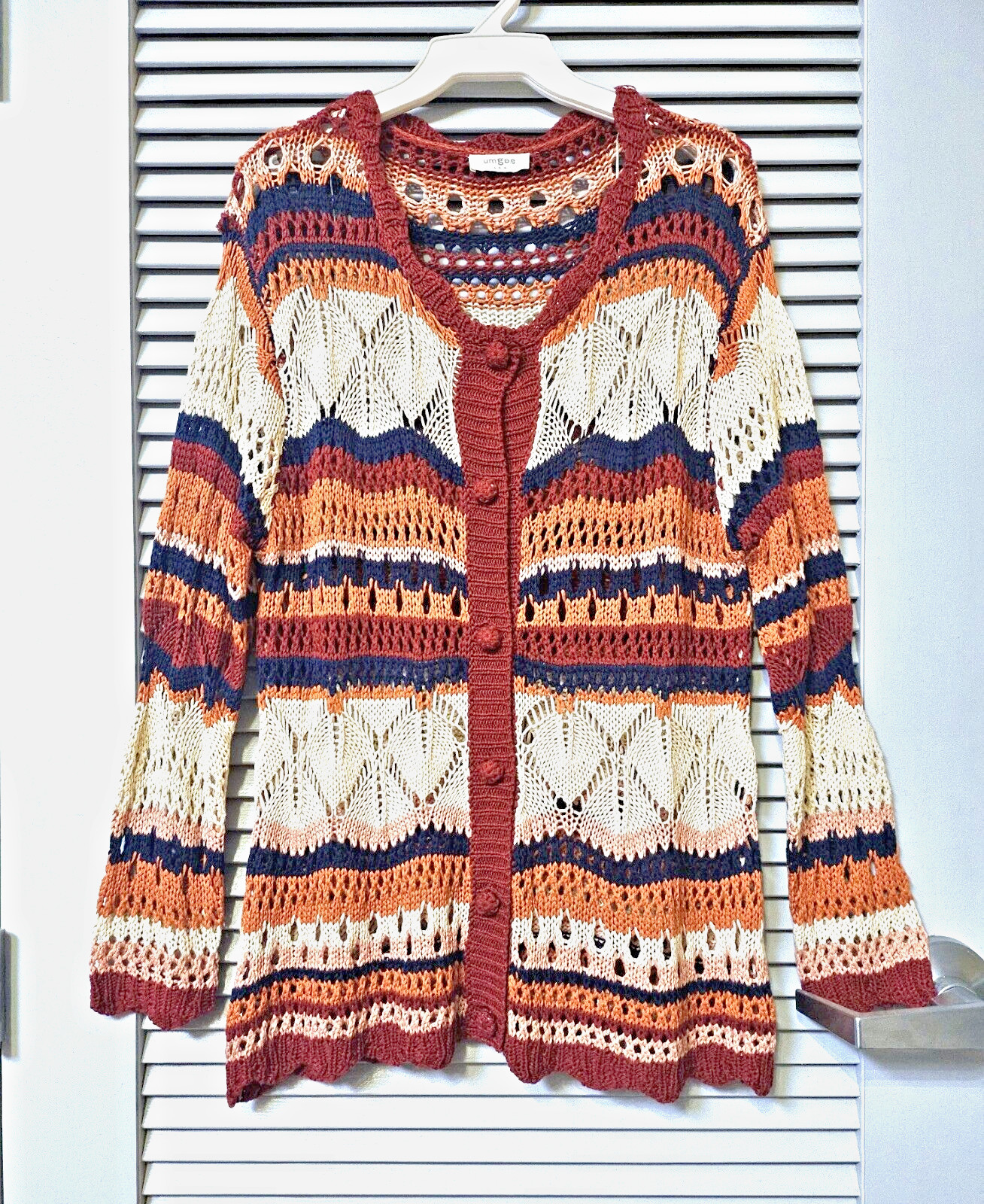 burgundy multi-color crochet cardigan knit top L