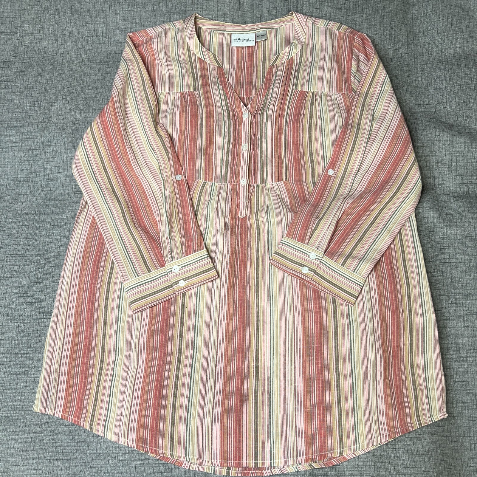 Vermont Country Store Shirt Women L Multicolor Stripe Barrel Cuff Long Sleeve