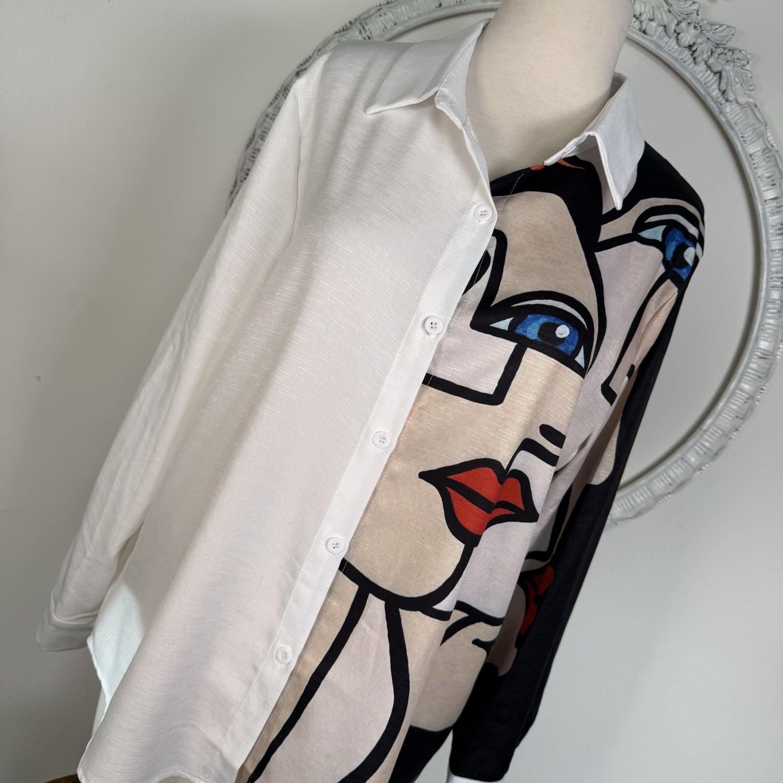 Women’s Abstract Boho Face Graphic Shirt Art To Wear Button Blouse Top Artsy M