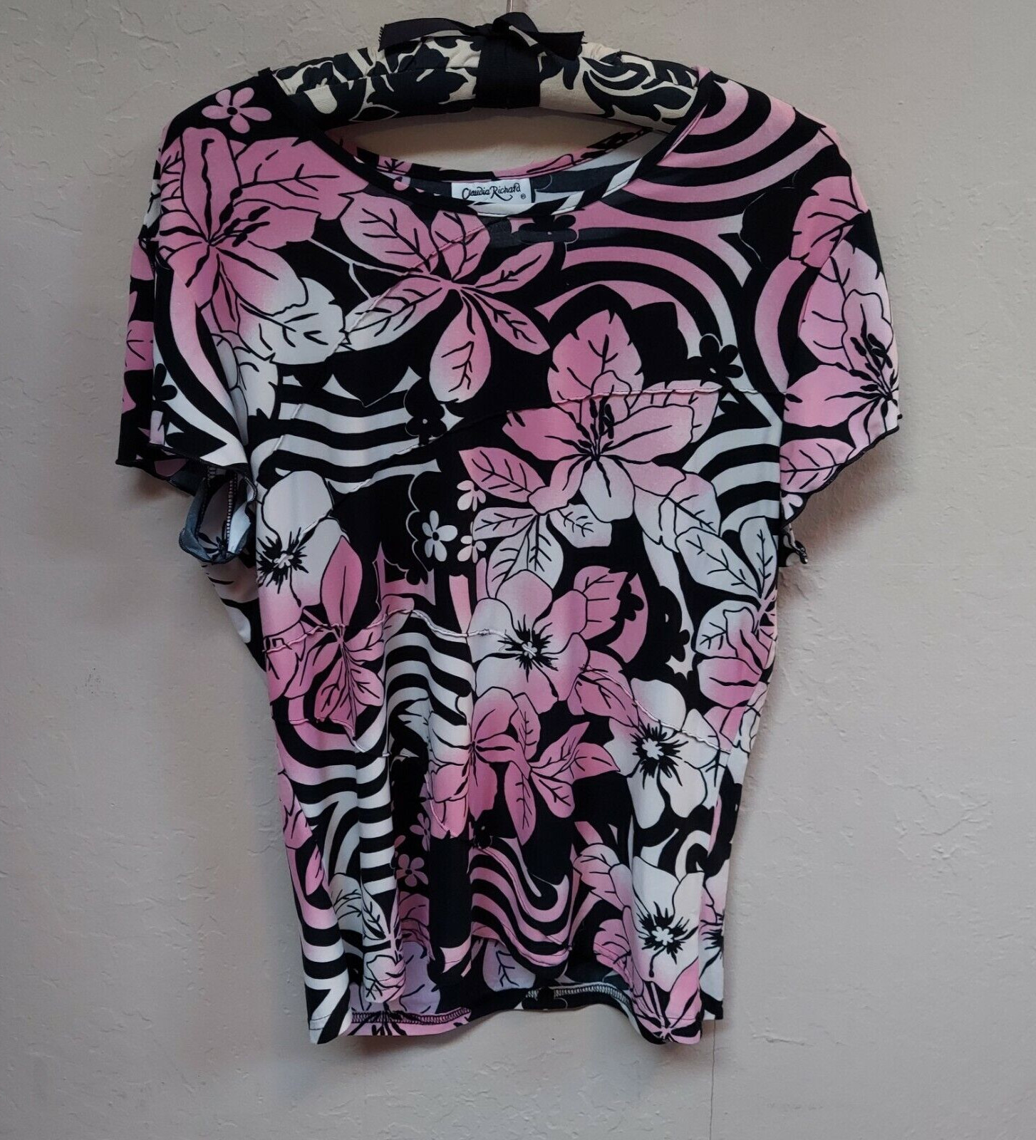 Claudia Richard Women Large Multicolor Floral Top Short Sleeve Scoop Neck Casual