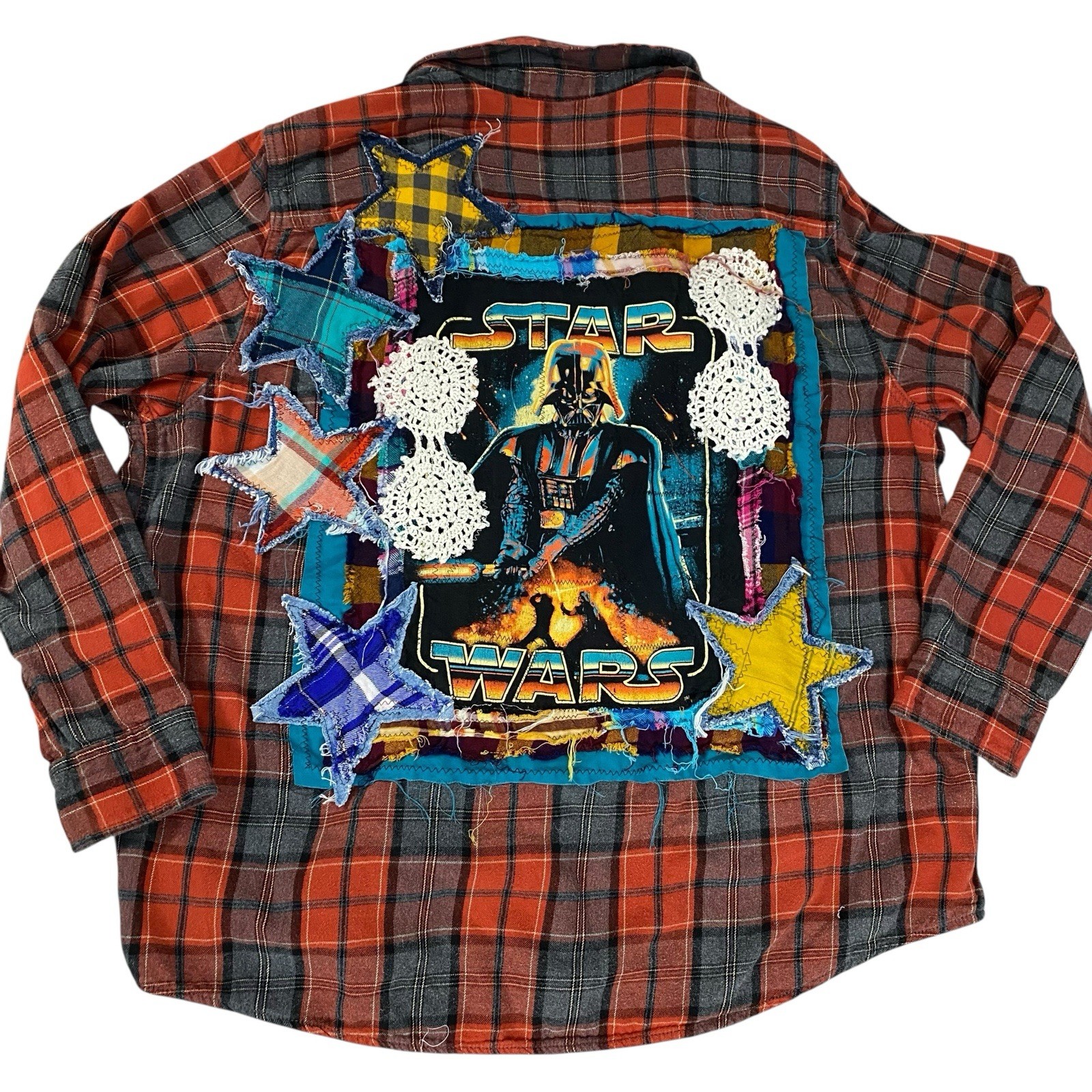 Upcycled Flannel Shirt Shacket Womens 3X Star Wars Patchwork Festival Folk Art