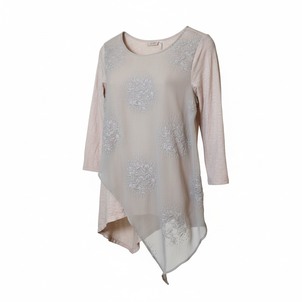 LOGO Lavish Women Tunic M Beige Embroidered Asymmetrical Layered Lagenlook