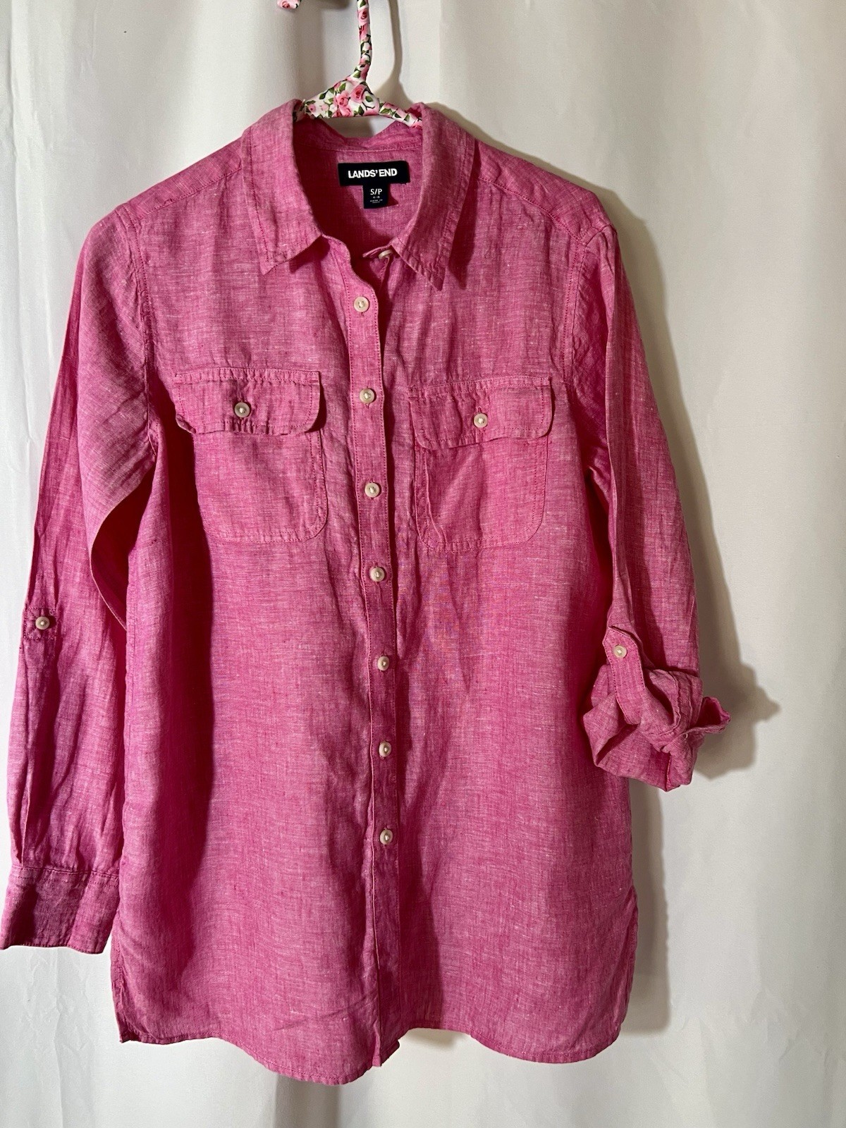 Lands End Womens Pink 100% Linen Button Up Tunic Shirt Roll Tab Sleeve Size S