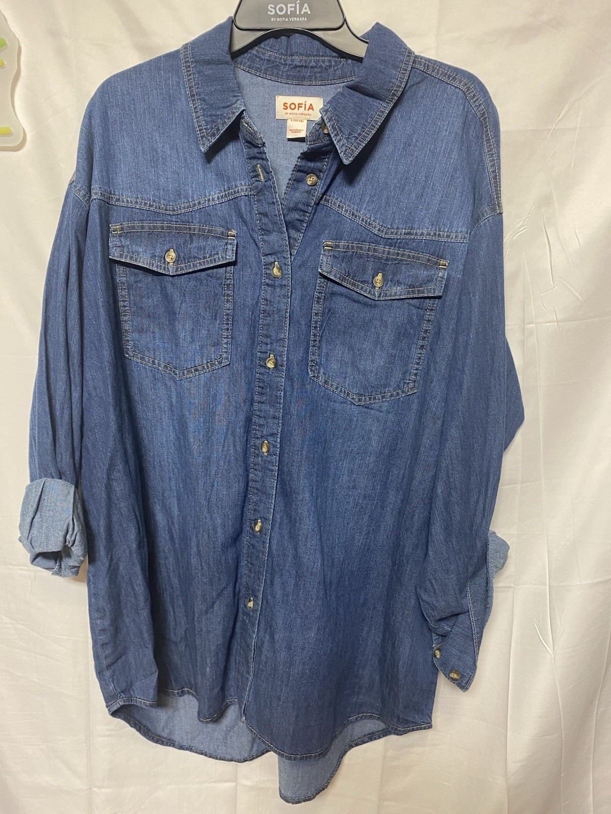 SOFIA by Sofia Vergara Blue Denim Button-Up Shirt Collared Pockets L Cotton