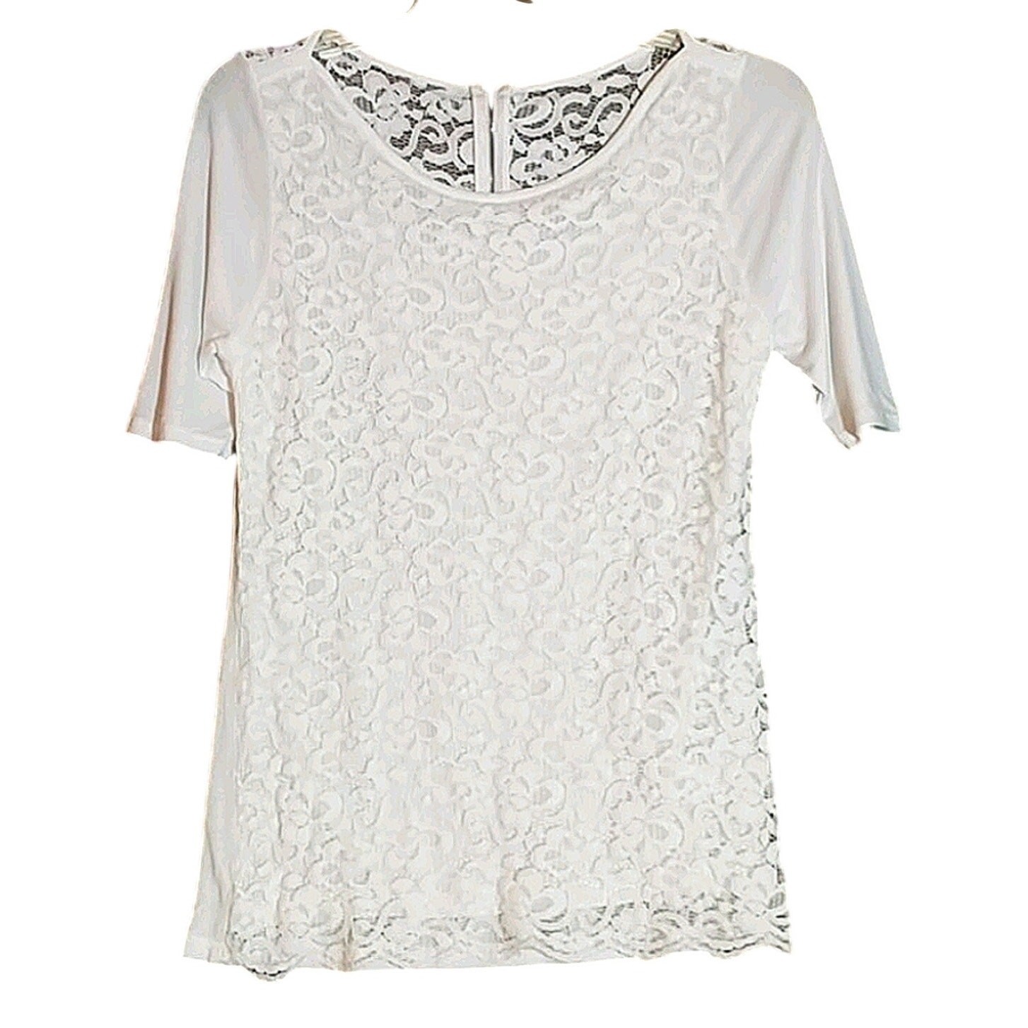 Soho New York & Co Women’s M White Lace Overlay Top Half Sleeve Scoop Neck