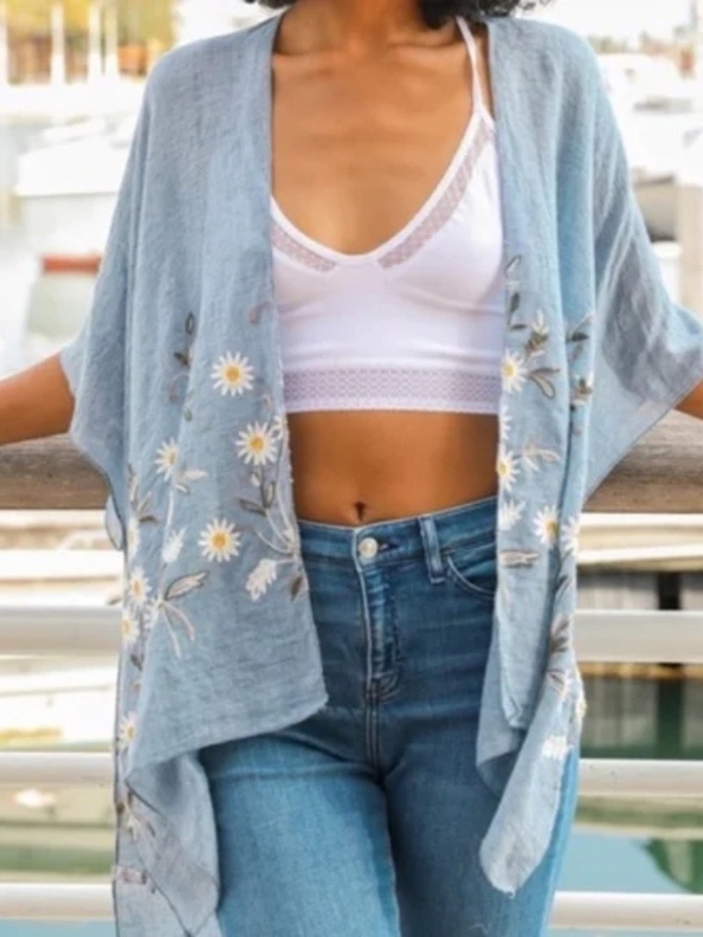 Chambray Light Blue Daisy Woven Floral Kimono Open Wrap Coverup Top