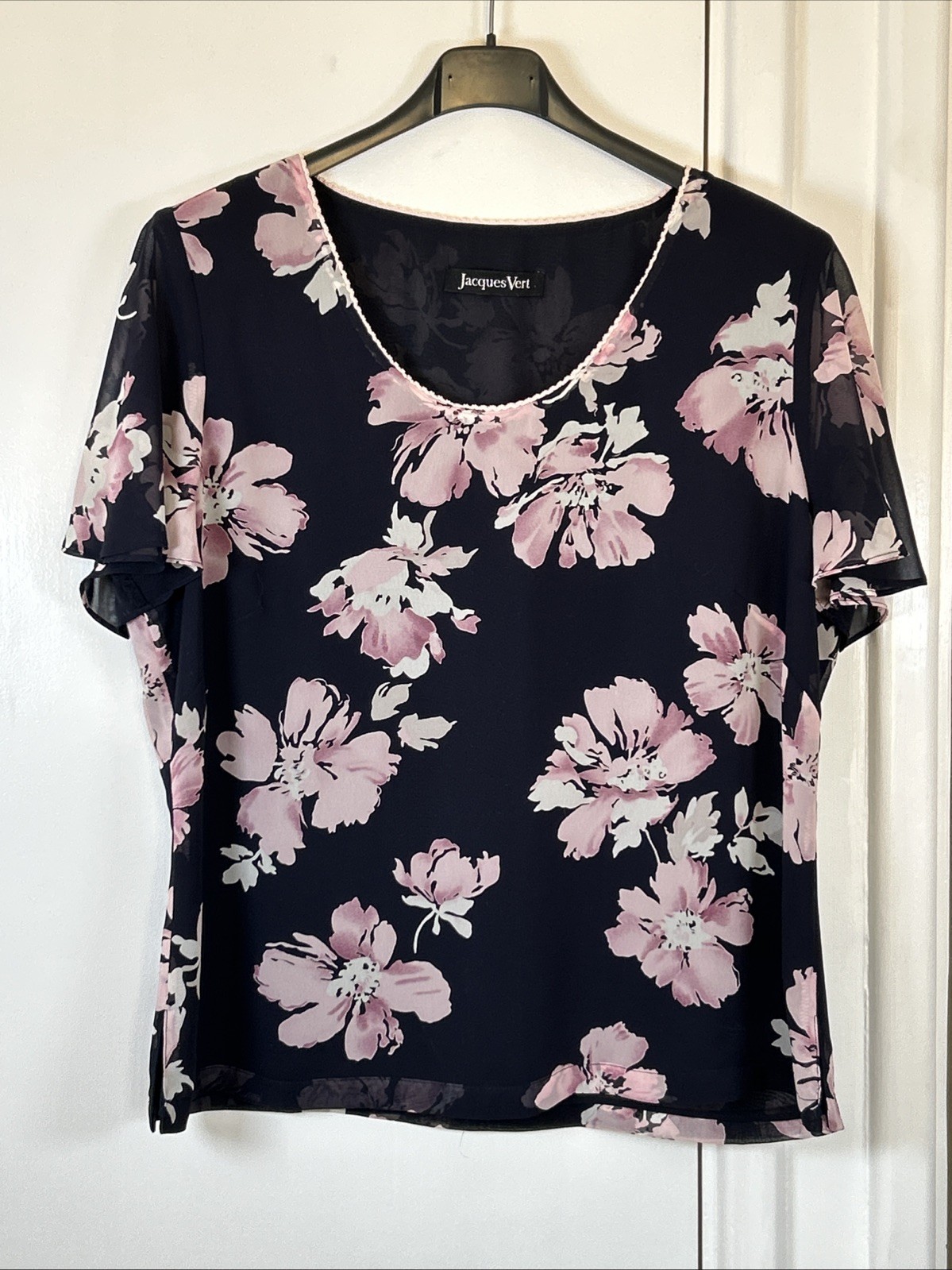 Jacques Vert Navy Blue Floral Chiffon Blouse Size 14 Lined, Short Sleeve