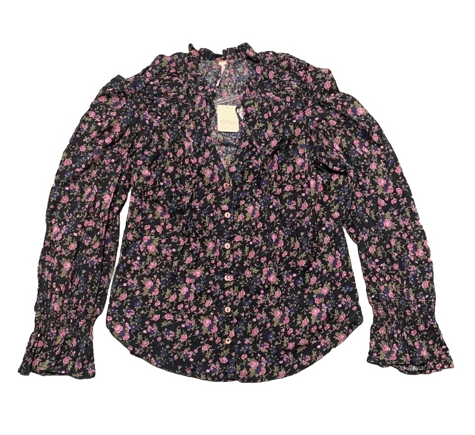 Free People Black With Pink Purple Green Flower Long Sleeve V Neck Ladies XS NWT