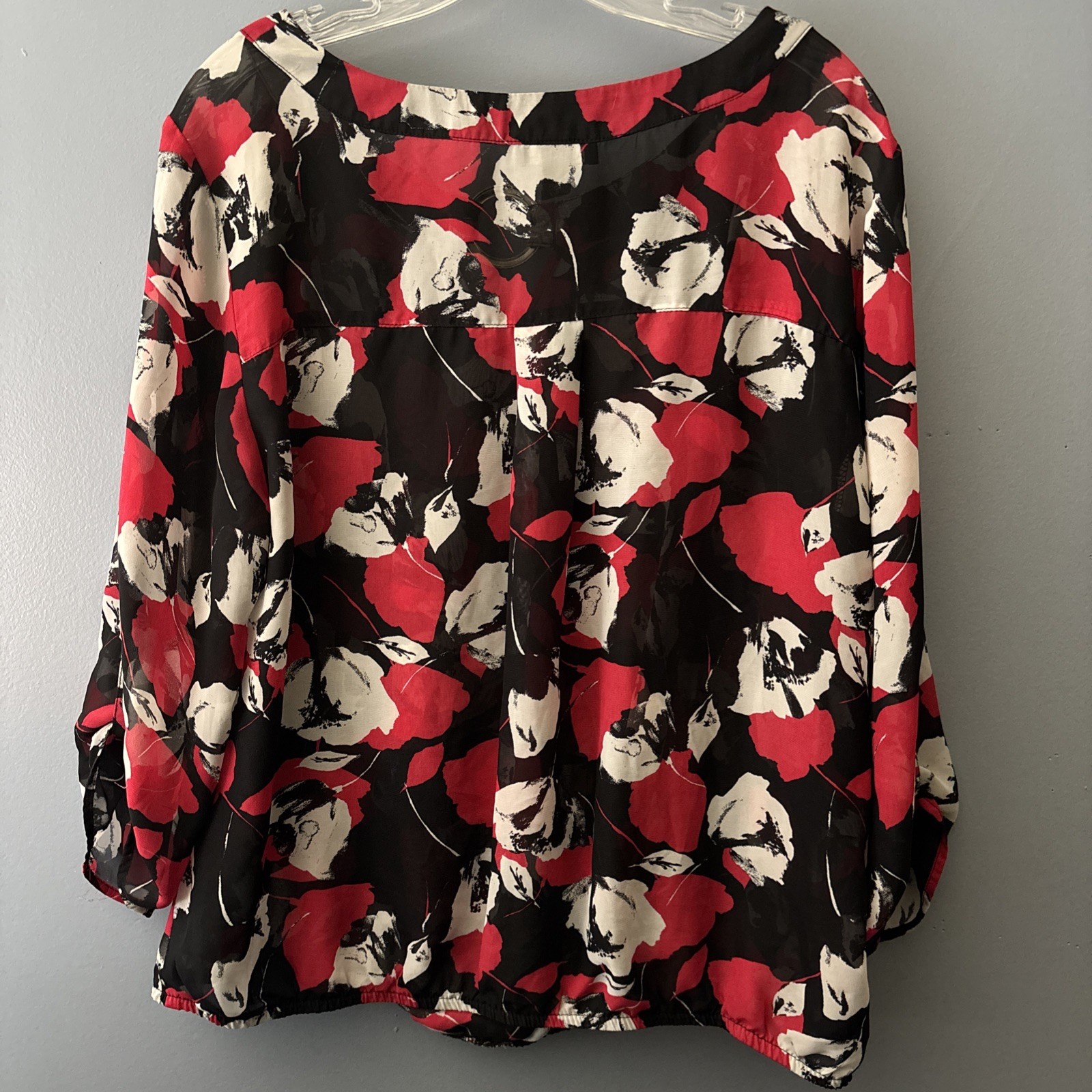 Alyx Womens Top Plus Size 1X Boho Black Red Sheer Printed Keyhole Cutout Blouse