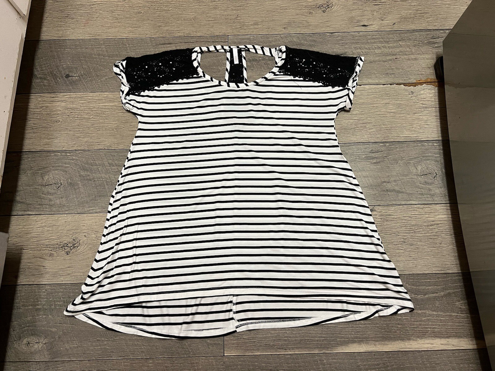 Pink Blush Boutique black and white tunic with crochet trim size S