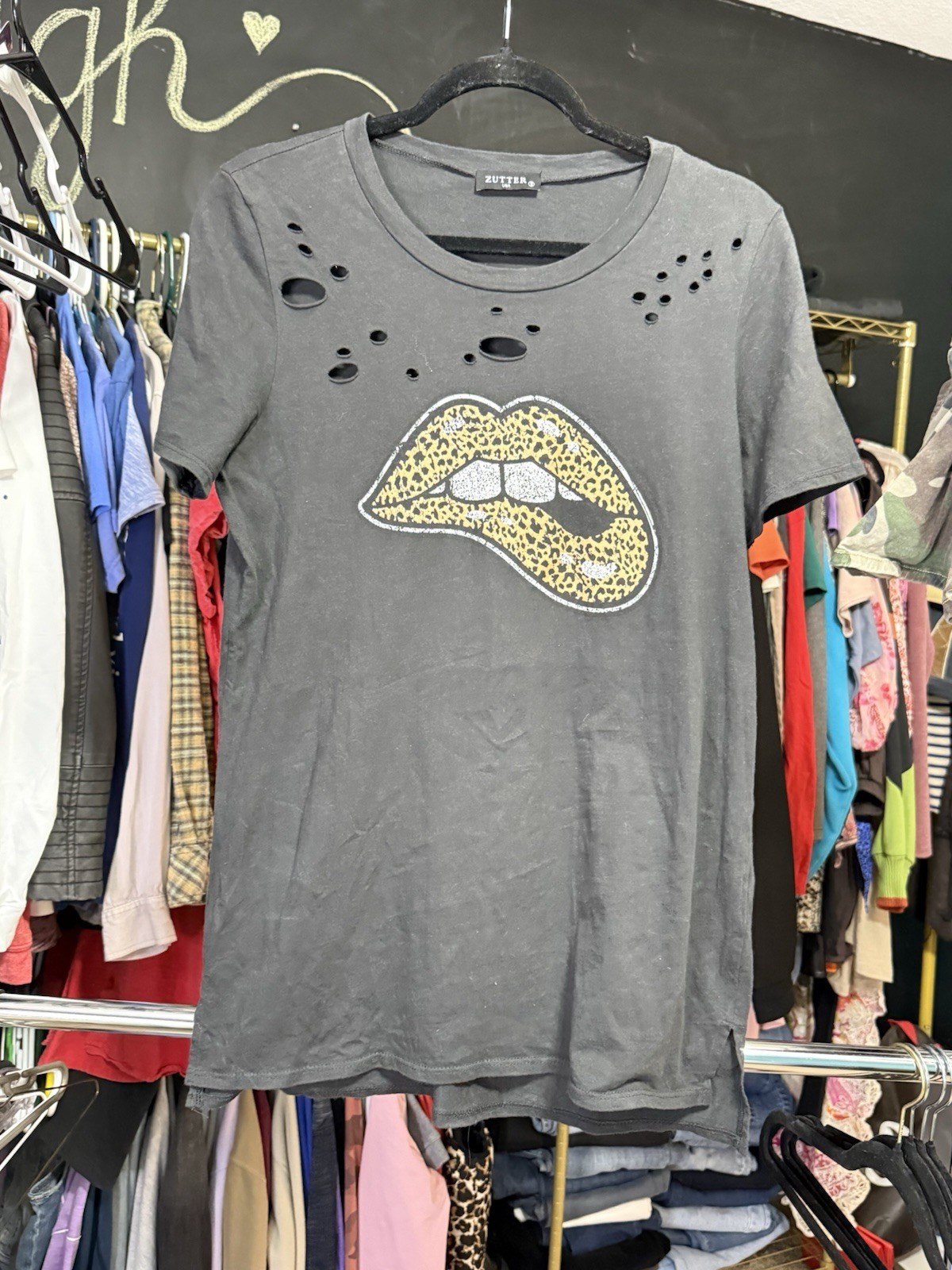 Zutter Womens Gray Distressed Leopard Lips Graphic Crew Neck Tee Shirt S
