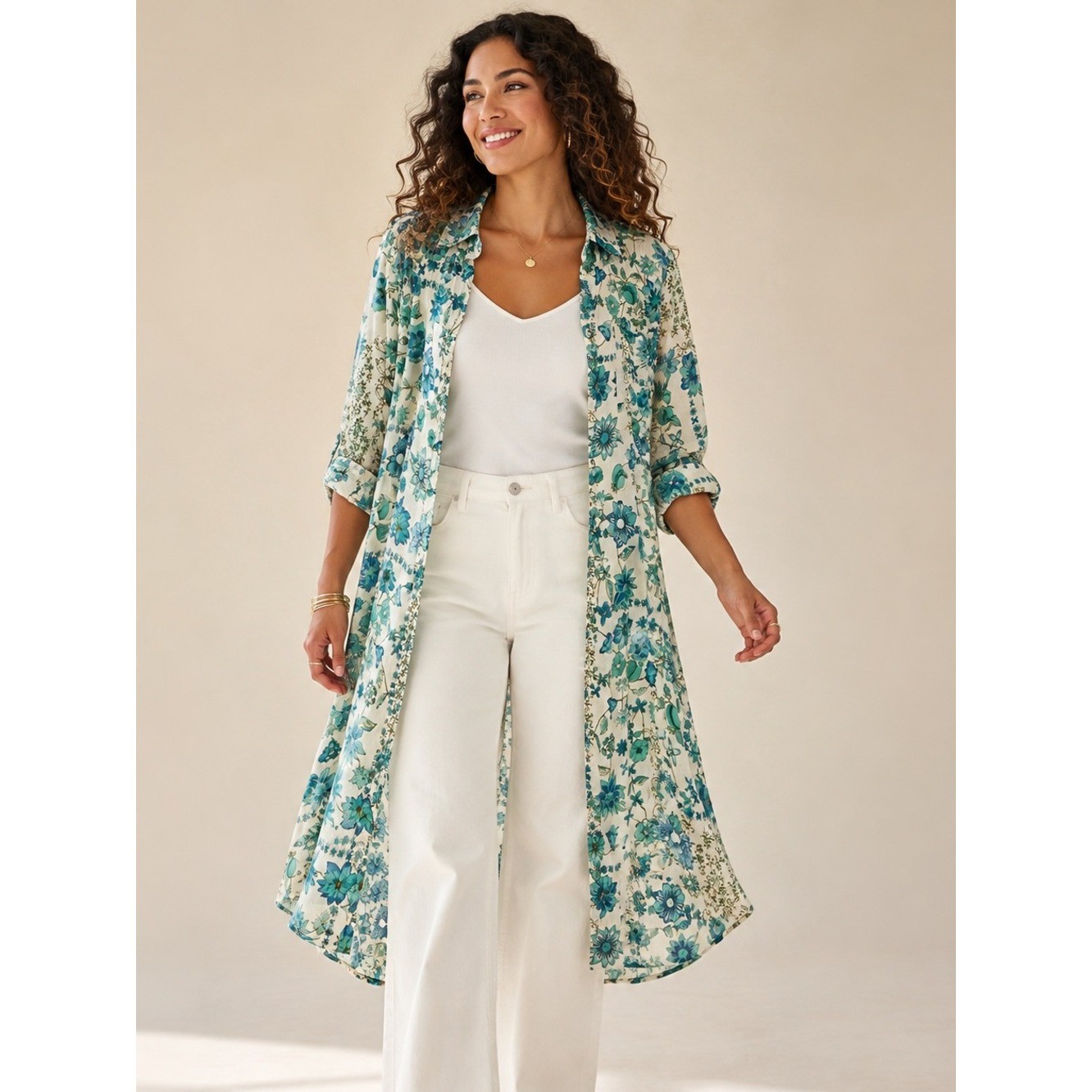 Rose + Olive Floral Shirt Dress Blue/Teal Boho Button Front Tunic Resort Wear
