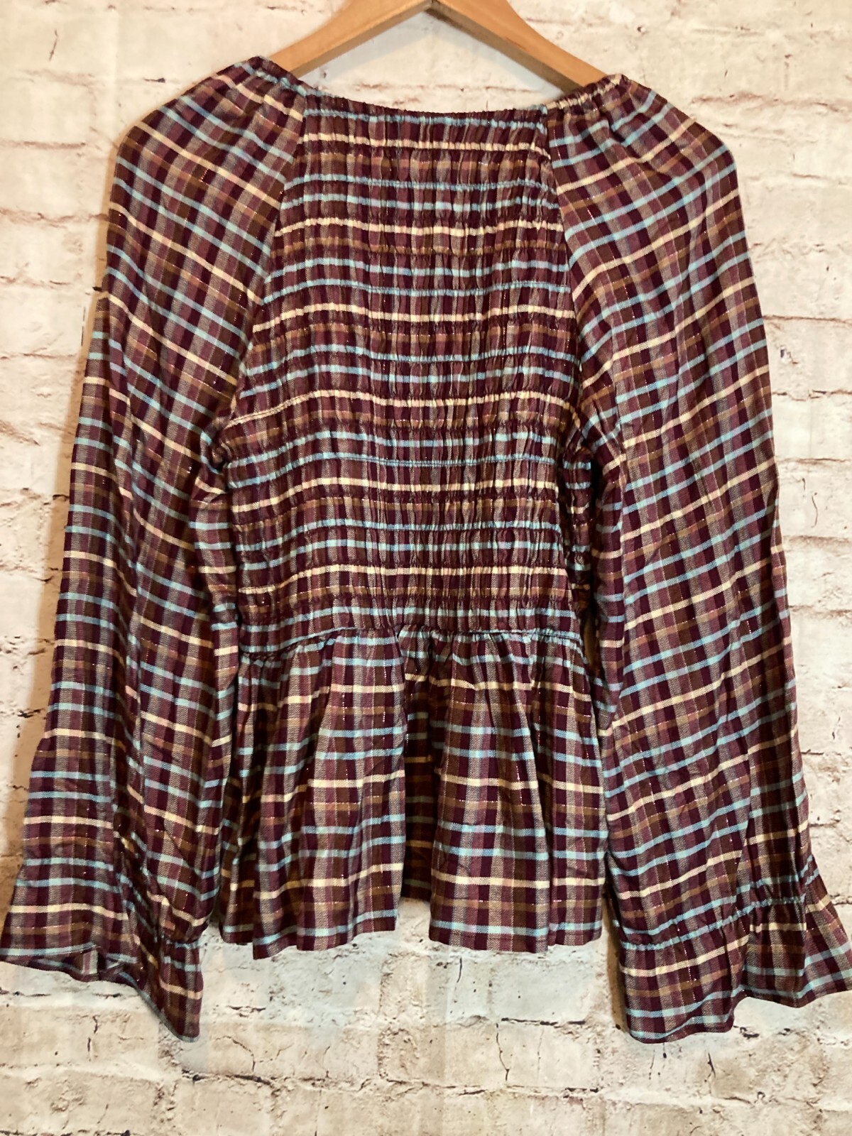 Cato Babydoll Top Womens Medium Maroon Red Plaid Smocked Flared Sleeve Flowy