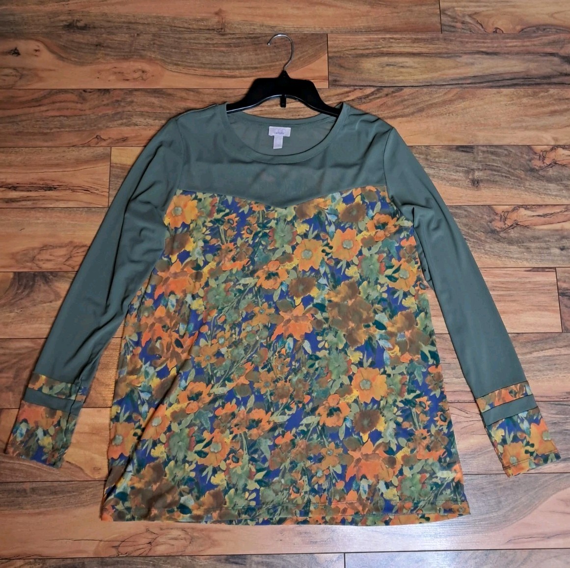 LOGO Layers Lori Goldstein Womens Sheer Mesh Top Size L Green Floral Stretch