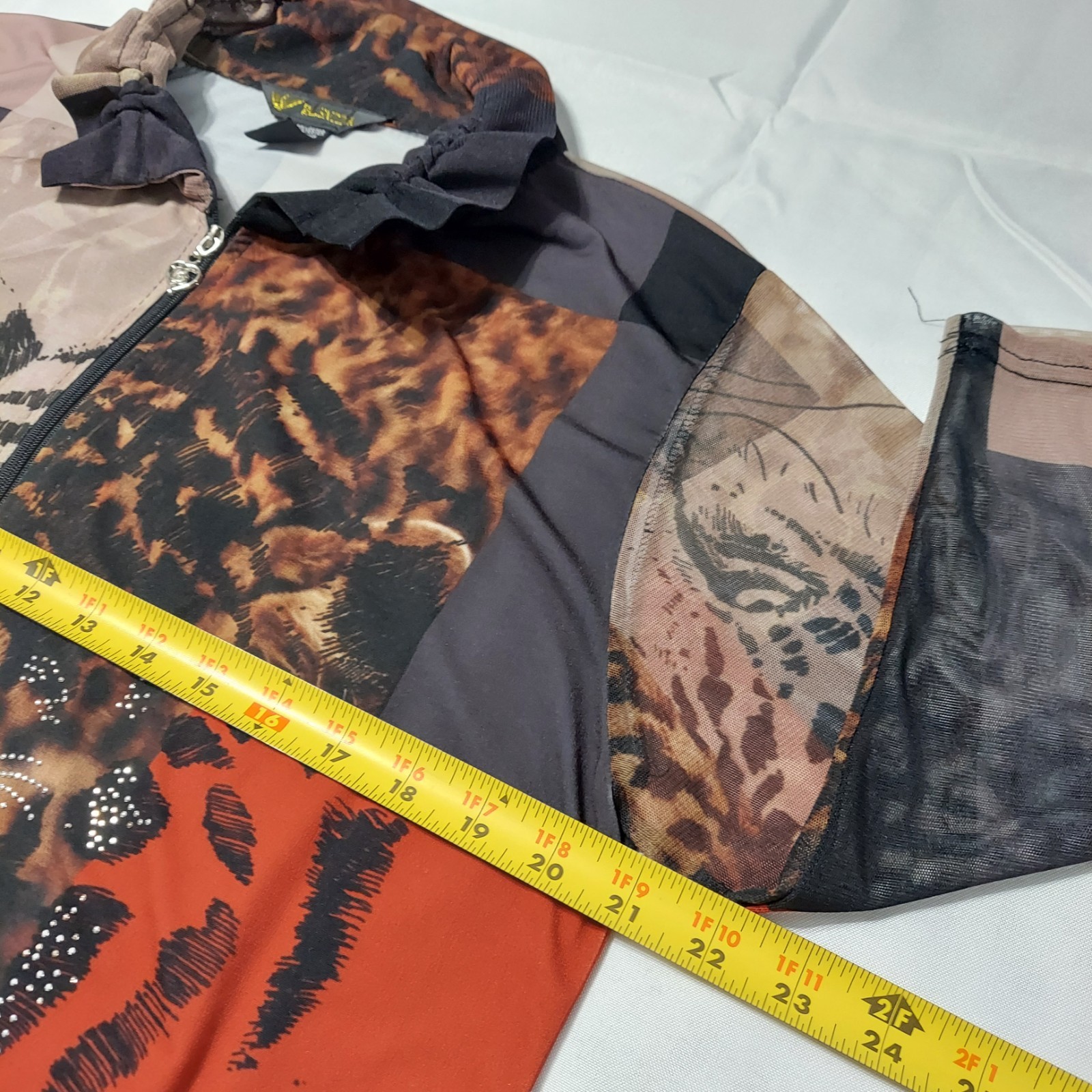 Valentina Tiger Print Zip Front Top Womens L Rhinestone Embellished 3/4 Sleeve