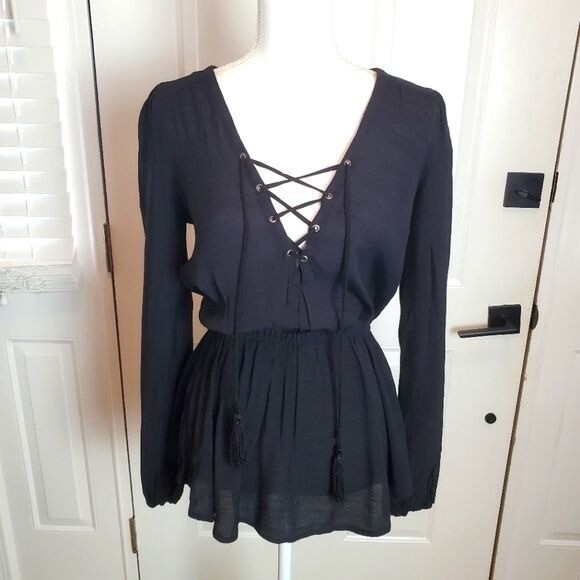 Free People Lace Up Blouse Womens XS Black Swim Cover Elastic Waist Tassels Boho