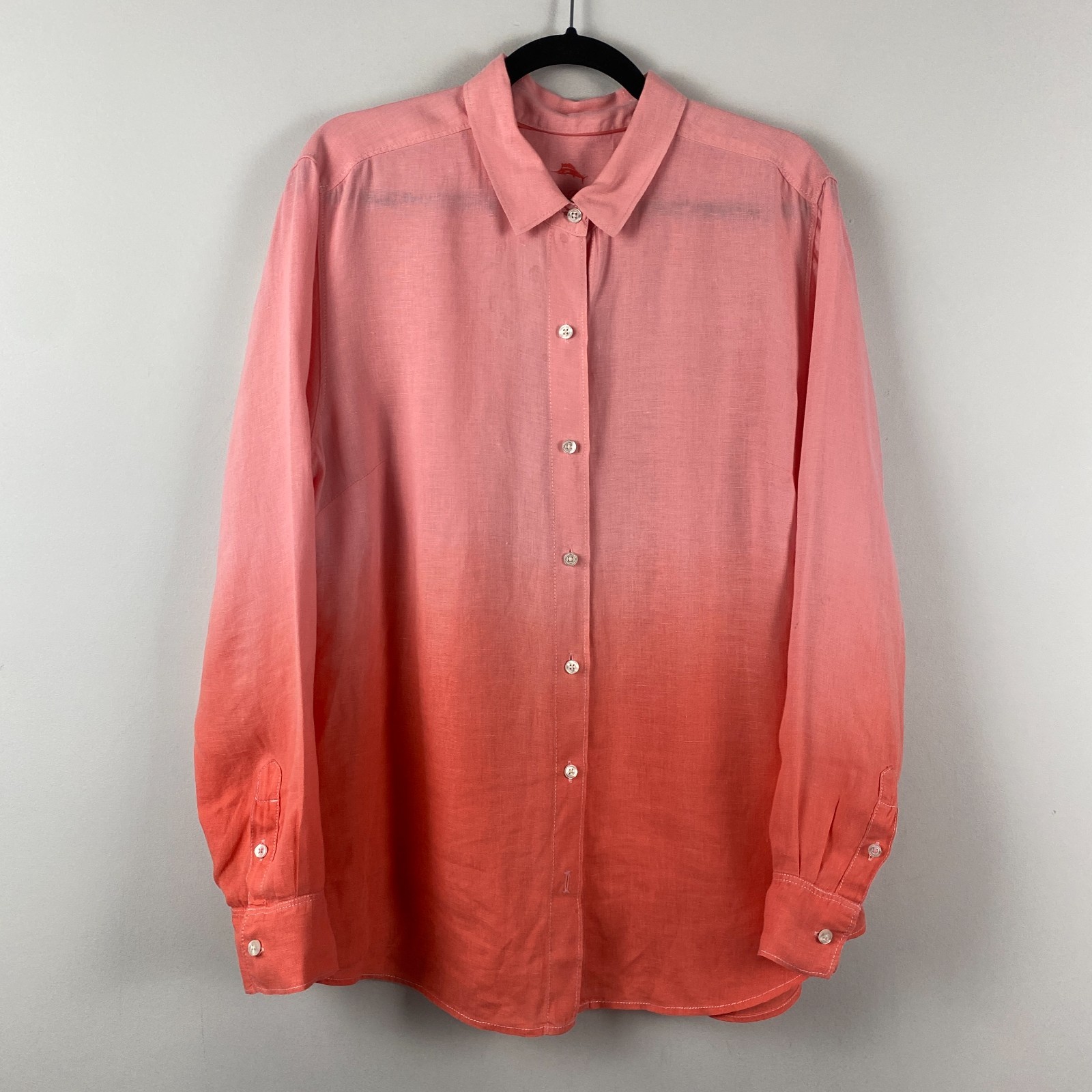 Tommy Bahama 100% Linen Two Palms Dip Dye Button Shirt Womens L Pink Coral