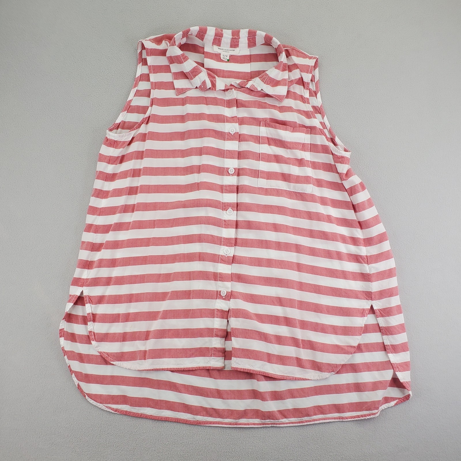 Beach Lunch Lounge Co Sleeveless Shirt Womens L Red White Button Up High Low