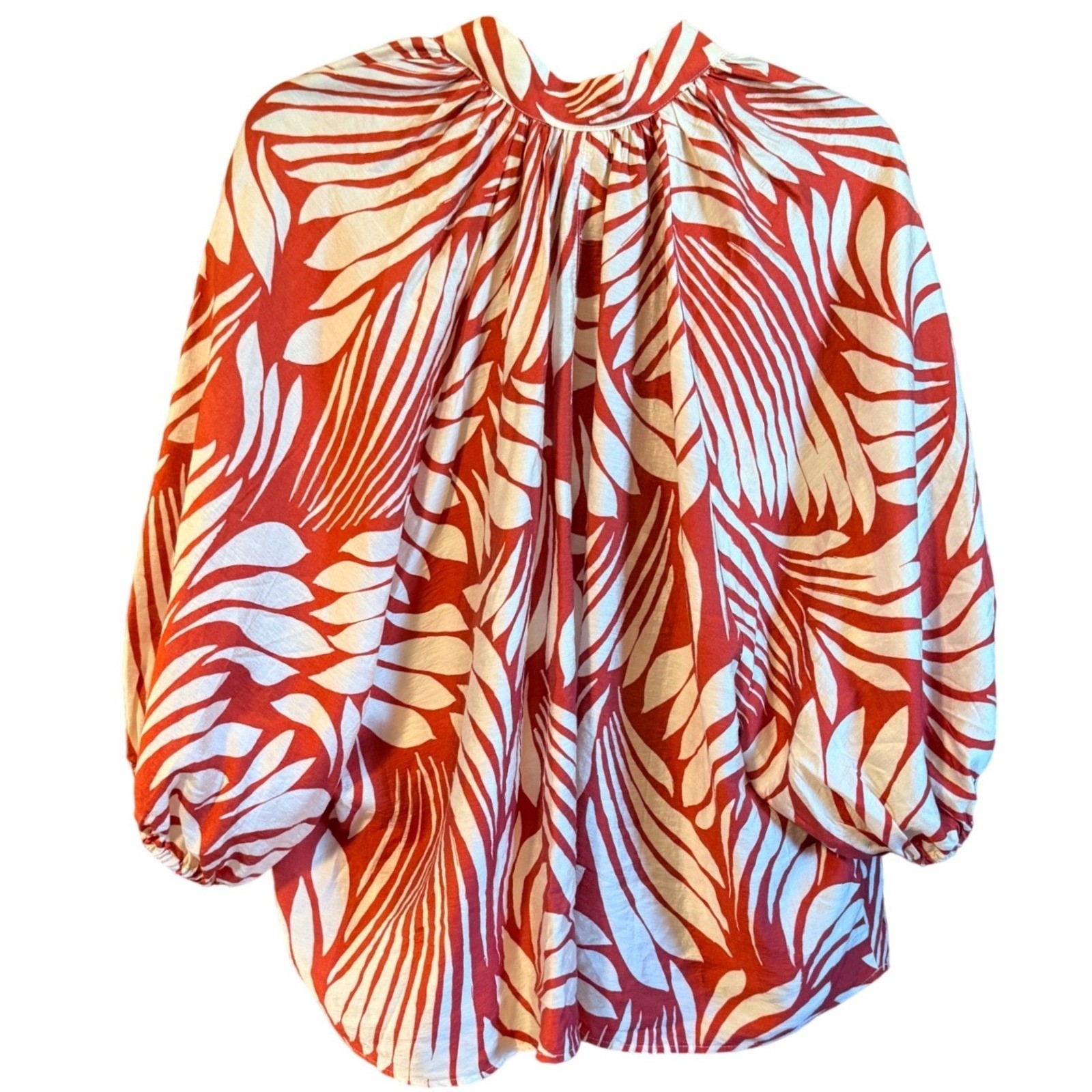 Terracotta White XL V-Neck Palm Leaf Print Balloon Sleeve Blouse Top Floral