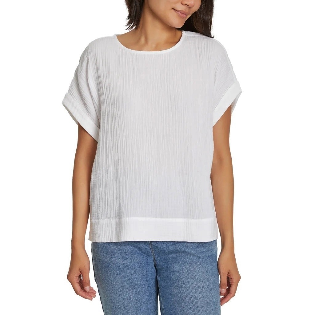 NEW Gloria Vanderbilt Women’s Short Sleeve Cotton Gauze Top White L NWT