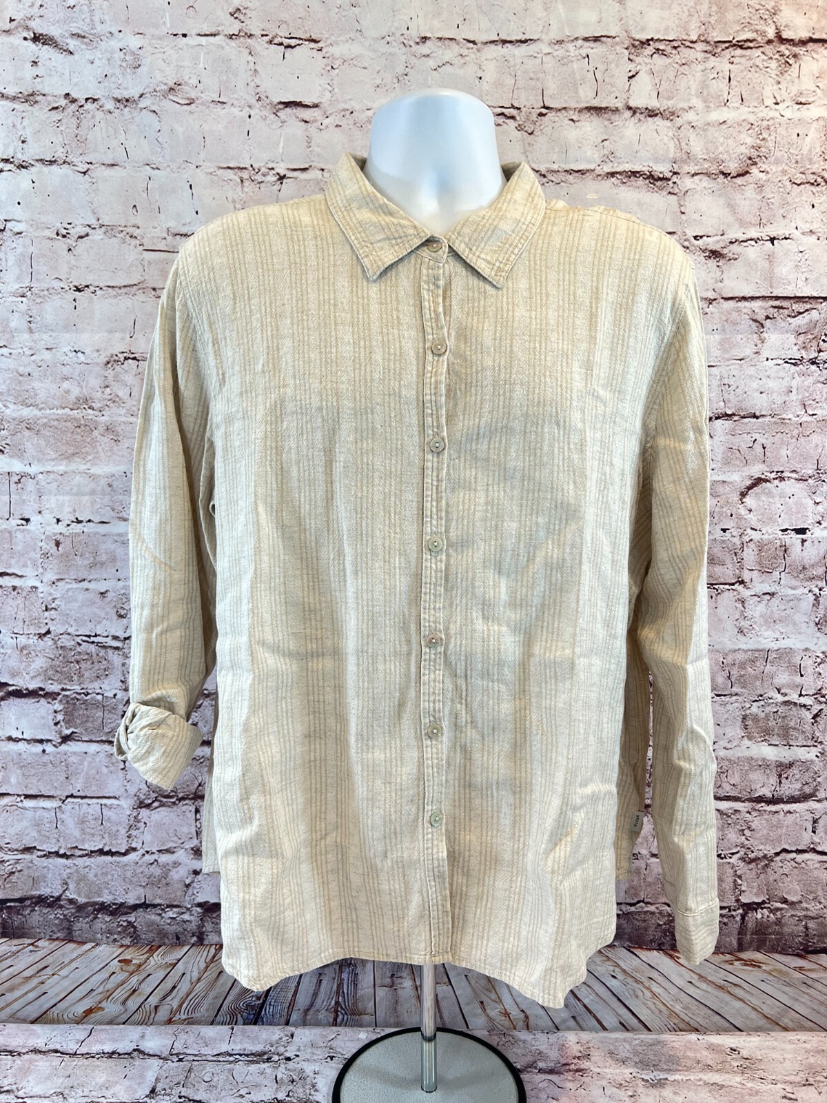 Orvis Women’s Beige Striped Long Sleeve Roll Tab Linen Blend Button Up Shirt XXL
