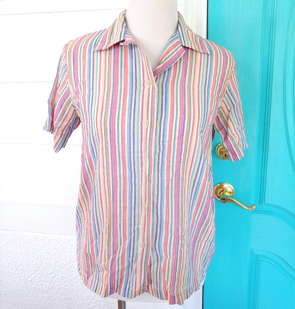 Vintage MW Button Up Shirt Womens 10 Rainbow Pastel Beach Camp Shirt 80s 90s
